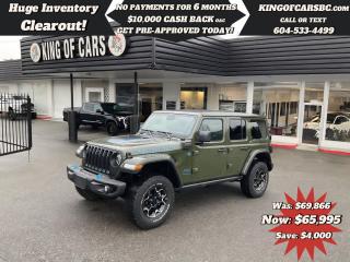 2022 WRANGLER 4XE RUBICON 4X4 PLUG-IN HYBRID VEHICLE (PHEV)ONLY 5% TAX!!!SKY ONE-TOUCH POWER TOP, NAVIGATION, BACK UP CAMERA, FRONT OFF-ROAD CAMERA, LEATHER SEATS, HEATED SEATS, HEATED STEERING WHEEL, FRONT + REAR AXLE LOCK, REAR ONLY AXLE LOCK, AUTOMATIC EMERGENCY BRAKING, ADAPTIVE CRUISE CONTROL, BLIND SPOT DETECTION, ALPINE SPEAKER SYSTEM, REMOTE STARTER, KEYLESS GO, PUSH BUTTON START, PARKING SENSORS, DUAL CLIMATE CONTROLBALANCE OF JEEP FACTORY WARRANTYCALL US TODAY FOR MORE INFORMATION604 533 4499 OR TEXT US AT 604 360 0123GO TO KINGOFCARSBC.COM AND APPLY FOR A FREE-------- PRE APPROVAL -------STOCK # P214877PLUS ADMINISTRATION FEE OF $895 AND TAXESDEALER # 31301all finance options are subject to ....oac...