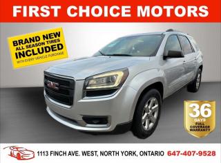 Welcome to First Choice Motors, the largest car dealership in Toronto of pre-owned cars, SUVs, and vans priced between $5000-$15,000. With an impressive inventory of over 300 vehicles in stock, we are dedicated to providing our customers with a vast selection of affordable and reliable options.<br><br>Were thrilled to offer a used 2015 GMC Acadia SLE, silver color with 184,000km (STK#6804) This vehicle was $13990 NOW ON SALE FOR $11990. It is equipped with the following features:<br>- Automatic Transmission<br>- Heated seats<br>- All wheel drive<br>- Bluetooth<br>- 3rd row seating<br>- Parking distance control<br>- Reverse camera<br>- Alloy wheels<br>- Power windows<br>- Power locks<br>- Power mirrors<br>- Air Conditioning<br><br>At First Choice Motors, we believe in providing quality vehicles that our customers can depend on. All our vehicles come with a 36-day FULL COVERAGE warranty. We also offer additional warranty options up to 5 years for our customers who want extra peace of mind.<br><br>Furthermore, all our vehicles are sold fully certified with brand new brakes rotors and pads, a fresh oil change, and brand new set of all-season tires installed & balanced. You can be confident that this car is in excellent condition and ready to hit the road.<br><br>At First Choice Motors, we believe that everyone deserves a chance to own a reliable and affordable vehicle. Thats why we offer financing options with low interest rates starting at 7.9% O.A.C. Were proud to approve all customers, including those with bad credit, no credit, students, and even 9 socials. Our finance team is dedicated to finding the best financing option for you and making the car buying process as smooth and stress-free as possible.<br><br>Our dealership is open 7 days a week to provide you with the best customer service possible. We carry the largest selection of used vehicles for sale under $9990 in all of Ontario. We stock over 300 cars, mostly Hyundai, Chevrolet, Mazda, Honda, Volkswagen, Toyota, Ford, Dodge, Kia, Mitsubishi, Acura, Lexus, and more. With our ongoing sale, you can find your dream car at a price you can afford. Come visit us today and experience why we are the best choice for your next used car purchase!<br><br>All prices exclude a $10 OMVIC fee, license plates & registration and ONTARIO HST (13%)