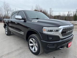 <b>Trade-in, Non-smoker, One Owner, Local, Air, Rear Air, Tilt, Cruise!</b><br> <br>  Compare at $55995 - Kia of Timmins is just $53336! <br> <br>   Make light work of tough jobs with exceptional towing, torque and payload capability. This  2020 Ram 1500 is for sale today in Timmins. <br> <br>The Ram 1500 delivers power and performance everywhere you need it, with a tech-forward cabin that is all about comfort and convenience. Loaded with best-in-class features, its easy to see why the Ram 1500 is so popular. With the most towing and hauling capability in a Ram 1500, as well as improved efficiency and exceptional capability, this truck has the grit to take on any task. This  Crew Cab 4X4 pickup  has 76,100 kms. Its  black in colour  . It has a 8 speed automatic transmission and is powered by a  395HP 5.7L 8 Cylinder Engine.  It may have some remaining factory warranty, please check with dealer for details. <br> <br> Our 1500s trim level is Limited. This top of the line Ram 1500 Limited comes very well equipped with exclusive aluminum wheels and elegant styling, heated and cooled premium leather seats with heated second row seats, blind spot detection and Uconnect 4C with a larger touchscreen that features a premium Alpine stereo system, Apple CarPlay, Android Auto, and built-in navigation. This stunning truck also comes with unique chrome accents, a heated leather steering wheel, dual zone climate control, wireless charging, Active-Level air suspension, bi-functional LED headlights, front and rear Park-Sense sensors, power heated side mirrors, proximity keyless entry, a spray in bed liner, LED cargo area lights, power seats w/ memory, towing equipment, front fog lights, power adjustable pedals and so much more. This vehicle has been upgraded with the following features: Air, Rear Air, Tilt, Cruise, Power Windows, Power Locks, Power Mirrors. <br> To view the original window sticker for this vehicle view this <a href=http://www.chrysler.com/hostd/windowsticker/getWindowStickerPdf.do?vin=1C6SRFHT3LN228511 target=_blank>http://www.chrysler.com/hostd/windowsticker/getWindowStickerPdf.do?vin=1C6SRFHT3LN228511</a>. <br/><br> <br>To apply right now for financing use this link : <a href=https://www.kiaoftimmins.com/timmins-ontario-car-loan-application target=_blank>https://www.kiaoftimmins.com/timmins-ontario-car-loan-application</a><br><br> <br/><br> Buy this vehicle now for the lowest bi-weekly payment of <b>$395.36</b> with $0 down for 84 months @ 8.99% APR O.A.C. ( Plus applicable taxes -  Plus applicable fees   / Total Obligation of $71956  ).  See dealer for details. <br> <br>As a local, family owned and operated dealership we look to be your number one place to buy your new vehicle! Kia of Timmins has been serving a large community across northern Ontario since 2001 and focuses highly on customer satisfaction. Our #1 priority is to make you feel at home as soon as you step foot in our dealership. Family owned and operated, our business is in Timmins, Ontario the city with the heart of gold. Also positioned near many towns in which we service such as: South Porcupine, Porcupine, Gogama, Foleyet, Chapleau, Wawa, Hearst, Mattice, Kapuskasing, Moonbeam, Fauquier, Smooth Rock Falls, Moosonee, Moose Factory, Fort Albany, Kashechewan, Abitibi Canyon, Cochrane, Iroquois falls, Matheson, Ramore, Kenogami, Kirkland Lake, Englehart, Elk Lake, Earlton, New Liskeard, Temiskaming Shores and many more.We have a fresh selection of new & used vehicles for sale for you to choose from. If we dont have what you need, we can find it! All makes and models are within our reach including: Dodge, Chrysler, Jeep, Ram, Chevrolet, GMC, Ford, Honda, Toyota, Hyundai, Mitsubishi, Nissan, Lincoln, Mazda, Subaru, Volkswagen, Mini-vans, Trucks and SUVs.<br><br>We are located at 1285 Riverside Drive, Timmins, Ontario. Too far way? We deliver anywhere in Ontario and Quebec!<br><br>Come in for a visit, call 1-800-661-6907 to book a test drive or visit <a href=https://www.kiaoftimmins.com>www.kiaoftimmins.com</a> for complete details. All prices are plus HST and Licensing.<br><br>We look forward to helping you with all your automotive needs!<br> o~o