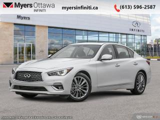 <b>Sunroof,  Remote Start,  Bose Performance Audio,  Power Liftgate,  Heated Seats!</b><br> <br> <br> <br>  This 2023 Infiniti Q50 is an undeniably beautiful and delightfully quick sports saloon. <br> <br>This gorgeous Infiniti Q50 is a meticulously engineered sports sedan, built with fun and comfort in mind. Impressive technology, adequate ergonomics and stellar dynamics make this Q50 a strong contender in this competitive vehicle class. Also bundled with cutting edge driver-assistive and safety systems, this 2023 Infiniti Q50 checks all the boxes and remains a desirable and versatile sports sedan.<br> <br> This majestic white sedan  has an automatic transmission and is powered by a  300HP 3.0L V6 Cylinder Engine.<br> <br> Our Q50s trim level is LUXE. This Q50 has all the cool tech you need with Infiniti InTouch dual display infotainment with wireless Apple CarPlay and Android Auto, Siri EyesFree, Bluetooth hands free phone assistant, Wi-Fi, and streaming audio. On top of all that connectivity, is classic comfort in the form of heated seats and steering wheel, power liftgate, synthetic leather upholstery, and forward emergency braking. The exterior is equally next level with a chrome exhaust tip, alloy wheels, chrome trim and grille, rain sensing wipers, automatic LED lighting with fog lamps, and stylish perimeter approach lights. This Luxe trim adds a sunroof, Bose Performance Audio, distance pacing, remote start, parking sensors, blind spot warning, and a 360 degree parking camera. This vehicle has been upgraded with the following features: Sunroof,  Remote Start,  Bose Performance Audio,  Power Liftgate,  Heated Seats,  Heated Steering Wheel,  Android Auto. <br><br> <br>To apply right now for financing use this link : <a href=https://www.myersinfiniti.ca/finance/ target=_blank>https://www.myersinfiniti.ca/finance/</a><br><br> <br/> Total  cash rebate of $3500 is reflected in the price. Rebate is not combinable with subvented rate <br> Buy this vehicle now for the lowest bi-weekly payment of <b>$466.65</b> with $0 down for 84 months @ 11.00% APR O.A.C. ( taxes included, $821  and licensing fees    ).  Incentives expire 2024-04-30.  See dealer for details. <br> <br><br> Come by and check out our fleet of 30+ used cars and trucks and 100+ new cars and trucks for sale in Ottawa.  o~o