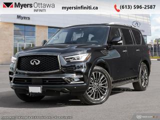<b>Sunroof,  Leather Seats,  Cooled Seats,  Navigation,  Heated Seats!</b><br> <br> <br> <br>  High levels of luxury, comfort, and tech make this three-row Infiniti QX80 a solid pick among large luxury SUVs. <br> <br>Embrace luxury grand enough to accommodate all the experiences you seek, and powerful enough to amplify them. This Infiniti QX80 unleashes your potential with capability that few can rival, extensive rewards that fill your journey, and presence that none can match. This full-size luxury SUV is not larger than life, its as large as the life you want.<br> <br> This mineral black SUV  has an automatic transmission and is powered by a  400HP 5.6L 8 Cylinder Engine.<br> <br> Our QX80s trim level is ProACTIVE 7-Passenger. This ProACTIVE trim adds the active safety suite complete with distance pacing cruise with stop and go, blind spot intervention, and lane keep assist. Plush, climate controlled leather seats and a gorgeous sunroof offer the promise of luxury and comfort in this QX80, witha towing package, skid plate, auto leveling suspension, and serious power offering remarkable SUV strength and utility. Navigation, Bose premium audio, wireless Android Auto, and Apple CarPlay offer endless connectivity while a rear seat entertainment system makes sure all passengers are free from boredom. A power folding third row, power liftgate, remote start, memory settings, proximity keys, and a heated steering wheel offer comfort and convenience while parking sensors, emergency braking, and an aerial view camera help you stay safe. This vehicle has been upgraded with the following features: Sunroof,  Leather Seats,  Cooled Seats,  Navigation,  Heated Seats,  Memory Seats,  Premium Audio. <br><br> <br>To apply right now for financing use this link : <a href=https://www.myersinfiniti.ca/finance/ target=_blank>https://www.myersinfiniti.ca/finance/</a><br><br> <br/><br> Buy this vehicle now for the lowest bi-weekly payment of <b>$886.60</b> with $0 down for 84 months @ 11.00% APR O.A.C. ( taxes included, $821  and licensing fees    ).  See dealer for details. <br> <br><br> Come by and check out our fleet of 40+ used cars and trucks and 90+ new cars and trucks for sale in Ottawa.  o~o