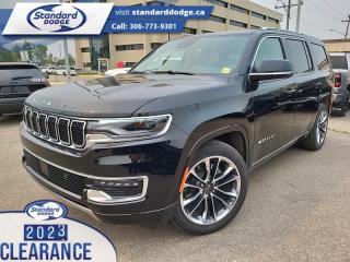 <b>HUD,  Leather Seats,  Cooled Seats,  Apple CarPlay,  Navigation!</b><br> <br> <br> <br>  With a beautifully crafted interior, this 2023 Wagoneer was tailored to perfection. <br> <br>With perfect attention to detail, a sophisticated interior, and unparalleled engineering, this 2023 Wagoneer is set to change the game for full size luxury SUVs. But dont be fooled by its good looks or luxurious materials, this ultra capable Wagoneer is still a Jeep through and through. No matter where the road leads, you can be sure to get there in this iconic 2023 Jeep Wagoneer.<br> <br> This diamond black crystal pearlcoat SUV  has a 8 speed automatic transmission and is powered by a  420HP 3.0L Straight 6 Cylinder Engine.<br> <br> Our Wagoneers trim level is Series III. Representing the best that the Wagoneer offers, this Series III trim comes with a drivers heads up display, adaptive air suspension, and also features great standard equipment such as ventilated and heated Nappa leather-trimmed seats with 12-way power adjustment and 4-way lumbar support, a heated synthetic leather steering wheel, genuine wood interior trim, a power liftgate for rear cargo access, and a 10.1-inch screen for infotainment duties, bundled with Apple CarPlay, Android Auto, inbuilt navigation, and a 10-speaker Alpine audio system for your auditory delight. On the road, safety is guaranteed thanks to a slew of cutting-edge features including adaptive cruise control, blind spot detection, lane keeping assist, lane departure warning, front and rear collision mitigation, forward collision warning, and front and rear parking sensors. Additional features include a power liftgate for rear cargo access, dual-zone climate control with rear automatic air conditioning, three 12-volt DC and a 120-volt AC power outlets, power-adjustable pedals, proximity keyless entry with remote engine start, illuminated front, and rear cupholders, and so much more. This vehicle has been upgraded with the following features: Hud,  Leather Seats,  Cooled Seats,  Apple Carplay,  Navigation,  Heated Steering Wheel,  Remote Start. <br><br> View the original window sticker for this vehicle with this url <b><a href=http://www.chrysler.com/hostd/windowsticker/getWindowStickerPdf.do?vin=1C4SJVDP6PS503332 target=_blank>http://www.chrysler.com/hostd/windowsticker/getWindowStickerPdf.do?vin=1C4SJVDP6PS503332</a></b>.<br> <br>To apply right now for financing use this link : <a href=https://standarddodge.ca/financing target=_blank>https://standarddodge.ca/financing</a><br><br> <br/><br>* Visit Us Today *Youve earned this - stop by Standard Chrysler Dodge Jeep Ram located at 208 Cheadle St W., Swift Current, SK S9H0B5 to make this car yours today! <br> Pricing may not reflect additional accessories that have been added to the advertised vehicle<br><br> Come by and check out our fleet of 30+ used cars and trucks and 120+ new cars and trucks for sale in Swift Current.  o~o