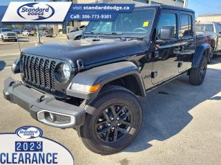 <b>Heated Seats, 17 inch Aluminum Wheels, Black 3-Piece Hard Top, Premium Audio, Technology Group!</b><br> <br> <br> <br>  Complete with a cargo bed and removable panels for an open air experience, you can have your Jeep and haul with it too. <br> <br>Built with unmistakable Jeep styling and off-road capability and the capability and hauling power of a pickup truck, you get the best of both worlds with this incredible machine. Thanks to its unmistakable style, rugged off-road technology, and an exhilarating open air truck experience, this unique Jeep Gladiator is ready to change the 4X4 game.<br> <br> This black clear coat               Regular Cab 4X4 pickup   has an automatic transmission and is powered by a  285HP 3.6L V6 Cylinder Engine.<br> <br> Our Gladiators trim level is Sport S. Engineered to withstand the harshest of conditions, this Gladiator Sport S features heavy duty suspension, class III towing equipment with a trailer wiring harness and trailer sway control, undercarriage skid plates, a full-size spare with underbody storage, removable doors and windows, and a manual convertible top with fixed roll-over protection. This rugged truck also features great convenience features like proximity keyless entry with push button start, illuminated front and rear cupholders, two 12-volt DC power outlets, and tons of storage space. Handling infotainment and connectivity duties is a 7-inch screen powered by Uconnect 4, and features Apple CarPlay, Android Auto, 4G LTE WiFi hotspot internet access, and streaming audio. This vehicle has been upgraded with the following features: Heated Seats, 17 Inch Aluminum Wheels, Black 3-piece Hard Top, Premium Audio, Technology Group. <br><br> View the original window sticker for this vehicle with this url <b><a href=http://www.chrysler.com/hostd/windowsticker/getWindowStickerPdf.do?vin=1C6HJTAG9PL528259 target=_blank>http://www.chrysler.com/hostd/windowsticker/getWindowStickerPdf.do?vin=1C6HJTAG9PL528259</a></b>.<br> <br>To apply right now for financing use this link : <a href=https://standarddodge.ca/financing target=_blank>https://standarddodge.ca/financing</a><br><br> <br/><br>* Visit Us Today *Youve earned this - stop by Standard Chrysler Dodge Jeep Ram located at 208 Cheadle St W., Swift Current, SK S9H0B5 to make this car yours today! <br> Pricing may not reflect additional accessories that have been added to the advertised vehicle<br><br> Come by and check out our fleet of 30+ used cars and trucks and 110+ new cars and trucks for sale in Swift Current.  o~o