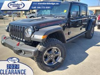 <b>Heavy Duty Suspension,  Sunroof,  Premium Audio,  Navigation,  Climate Control!</b><br> <br> <br> <br>  This Jeep Gladiator is ready to change the game of utility vehicles and pickup trucks. <br> <br>Built with unmistakable Jeep styling and off-road capability and the capability and hauling power of a pickup truck, you get the best of both worlds with this incredible machine. Thanks to its unmistakable style, rugged off-road technology, and an exhilarating open air truck experience, this unique Jeep Gladiator is ready to change the 4X4 game.<br> <br> This black clear coat               Regular Cab 4X4 pickup   has an automatic transmission and is powered by a  285HP 3.6L V6 Cylinder Engine.<br> <br> Our Gladiators trim level is Rubicon. Sitting at the top of the Gladiator range, this Rubicon trim is fully loaded with FOX premium dampers, 7 skid plates, heavy-duty suspension, a manual Targa composite first-row sunroof, a 9-speaker Alpine premium audio setup, voice-activated navigation, dual-zone climate control, class III towing equipment with a trailer wiring harness and trailer sway control, a full-size spare with underbody storage, removable doors and windows, and a manual convertible top with fixed roll-over protection. This rugged truck also features great convenience features like proximity keyless entry with push button start, illuminated front and rear cupholders, two 12-volt DC and a 120-volt AC power outlets, and tons of storage space. Handling infotainment and connectivity duties is an 8.4-inch screen powered by Uconnect 4, and features Apple CarPlay, Android Auto, 4G LTE WiFi hotspot internet access, and streaming audio. This vehicle has been upgraded with the following features: Heavy Duty Suspension,  Sunroof,  Premium Audio,  Navigation,  Climate Control,  Apple Carplay,  Android Auto. <br><br> View the original window sticker for this vehicle with this url <b><a href=http://www.chrysler.com/hostd/windowsticker/getWindowStickerPdf.do?vin=1C6JJTBG4PL533076 target=_blank>http://www.chrysler.com/hostd/windowsticker/getWindowStickerPdf.do?vin=1C6JJTBG4PL533076</a></b>.<br> <br>To apply right now for financing use this link : <a href=https://standarddodge.ca/financing target=_blank>https://standarddodge.ca/financing</a><br><br> <br/><br>* Visit Us Today *Youve earned this - stop by Standard Chrysler Dodge Jeep Ram located at 208 Cheadle St W., Swift Current, SK S9H0B5 to make this car yours today! <br> Pricing may not reflect additional accessories that have been added to the advertised vehicle<br><br> Come by and check out our fleet of 30+ used cars and trucks and 110+ new cars and trucks for sale in Swift Current.  o~o