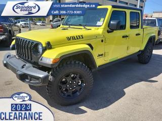 <b>Aluminum Wheels,  Apple CarPlay,  Android Auto,  Tow Package,  Proximity Key!</b><br> <br> <br> <br>  Ever wished your truck had a big open cabin like a Jeep? Ever wished your Jeep could hold more than a few people and a backpack? Now it can thanks to this awesome Jeep Gladiator! <br> <br>Built with unmistakable Jeep styling and off-road capability and the capability and hauling power of a pickup truck, you get the best of both worlds with this incredible machine. Thanks to its unmistakable style, rugged off-road technology, and an exhilarating open air truck experience, this unique Jeep Gladiator is ready to change the 4X4 game.<br> <br> This high velocity clear coat sought after diesel Regular Cab 4X4 pickup   has a 8 speed automatic transmission and is powered by a  260HP 3.0L V6 Cylinder Engine.<br> <br> Our Gladiators trim level is Willys. This Gladiator Willys features upgraded aluminum wheels, two front tow hooks, class III towing equipment with a trailer wiring harness and trailer sway control, undercarriage skid plates, a full-size spare with underbody storage, removable doors and windows, and a manual convertible top with fixed roll-over protection. This rugged truck also features great convenience features like proximity keyless entry with push button start, illuminated front and rear cupholders, two 12-volt DC power outlets, and tons of storage space. Handling infotainment and connectivity duties is a 7-inch screen powered by Uconnect 4, and features Apple CarPlay, Android Auto, 4G LTE WiFi hotspot internet access, and streaming audio. This vehicle has been upgraded with the following features: Aluminum Wheels,  Apple Carplay,  Android Auto,  Tow Package,  Proximity Key,  4g Wifi,  Rear Camera. <br><br> View the original window sticker for this vehicle with this url <b><a href=http://www.chrysler.com/hostd/windowsticker/getWindowStickerPdf.do?vin=1C6JJTAM4PL540844 target=_blank>http://www.chrysler.com/hostd/windowsticker/getWindowStickerPdf.do?vin=1C6JJTAM4PL540844</a></b>.<br> <br>To apply right now for financing use this link : <a href=https://standarddodge.ca/financing target=_blank>https://standarddodge.ca/financing</a><br><br> <br/><br>* Visit Us Today *Youve earned this - stop by Standard Chrysler Dodge Jeep Ram located at 208 Cheadle St W., Swift Current, SK S9H0B5 to make this car yours today! <br> Pricing may not reflect additional accessories that have been added to the advertised vehicle<br><br> Come by and check out our fleet of 30+ used cars and trucks and 110+ new cars and trucks for sale in Swift Current.  o~o