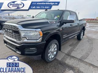 <b>6.7 Cummins Turbo Diesel, Limited Level 1 Equipment Group, Limited Leather Bucket Seats!</b><br> <br> <br> <br>  This Ram 2500 is class-leader in the heavy-duty truck segment thanks to its refined interior, forgiving ride, and tremendous towing and hauling capabilities. <br> <br>Endlessly capable, this 2023 Ram 2500HD pulls out all the stops, and has the towing capacity that sets it apart from the competition. On top of its proven Ram toughness, this Ram 2500HD has an ultra-quiet cabin full of amazing tech features that help make your workday more enjoyable. Whether youre in the commercial sector or looking for serious recreational towing rig, this impressive 2500HD is ready for anything that you are.<br> <br> This diamond black crystal pearlcoat sought after diesel Crew Cab 4X4 pickup   has a 6 speed automatic transmission and is powered by a Cummins 370HP 6.7L Straight 6 Cylinder Engine.<br> <br> Our 2500s trim level is Limited. This fully-decked Ram 2500 Limited rewards you with blind spot detection, chrome exterior accents, ventilated and heated and power-adjustable front seats with lumbar support, heated second row seats, power extendable trailer style side mirrors and side steps, and is also well equipped with class V towing equipment including a hitch, brake controller and trailer sway control, heavy duty suspension, front and reverse utility lights, cargo box lighting, and a rear step bumper. On the inside, occupants are treated to leather upholstery, dual-zone front automatic air conditioning, a genuine wood/leather-wrapped steering wheel, and illuminated front cupholders. Stay connected on the road via an 8.4-inch display powered by Uconnect 5 with GPS navigation, HD radio, Apple CarPlay and Android Auto, Alexa Built-In, SiriusXM streaming radio, trailer tow pages, off-road info pages, and mobile hotspot internet access. Additional features include a 10-speaker Alpine audio system, 115-volt rear auxiliary power outlet, remote engine start, and even more! This vehicle has been upgraded with the following features: 6.7 Cummins Turbo Diesel, Limited Level 1 Equipment Group, Limited Leather Bucket Seats. <br><br> View the original window sticker for this vehicle with this url <b><a href=http://www.chrysler.com/hostd/windowsticker/getWindowStickerPdf.do?vin=3C6UR5SL5PG598952 target=_blank>http://www.chrysler.com/hostd/windowsticker/getWindowStickerPdf.do?vin=3C6UR5SL5PG598952</a></b>.<br> <br>To apply right now for financing use this link : <a href=https://standarddodge.ca/financing target=_blank>https://standarddodge.ca/financing</a><br><br> <br/><br>* Visit Us Today *Youve earned this - stop by Standard Chrysler Dodge Jeep Ram located at 208 Cheadle St W., Swift Current, SK S9H0B5 to make this car yours today! <br> Pricing may not reflect additional accessories that have been added to the advertised vehicle<br><br> Come by and check out our fleet of 30+ used cars and trucks and 130+ new cars and trucks for sale in Swift Current.  o~o