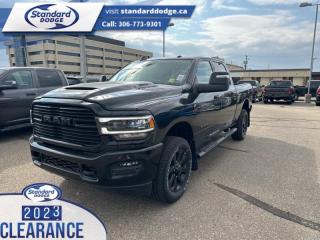 <b>6.7 Cummins Turbo Diesel, Night Edition, Leather Seats, Off Road Package!</b><br> <br> <br> <br>  This ultra capable Heavy Duty Ram 2500 is a muscular workhorse ready for any job you put in front of it. <br> <br>Endlessly capable, this 2023 Ram 2500HD pulls out all the stops, and has the towing capacity that sets it apart from the competition. On top of its proven Ram toughness, this Ram 2500HD has an ultra-quiet cabin full of amazing tech features that help make your workday more enjoyable. Whether youre in the commercial sector or looking for serious recreational towing rig, this impressive 2500HD is ready for anything that you are.<br> <br> This diamond black crystal pearlcoat sought after diesel Crew Cab 4X4 pickup   has a 8 speed automatic transmission and is powered by a Cummins 370HP 6.7L Straight 6 Cylinder Engine.<br> <br> Our 2500s trim level is Laramie. This incredible Ram 2500 Laramie comes well equipped with class V towing equipment including a hitch, brake controller and trailer sway control, heavy duty suspension, heated and power adjustable side mirrors, front and reverse utility lights, cargo box lighting, and a rear step bumper. On the inside, occupants are treated to heated and power-adjustable front seats with lumbar support, leather upholstery, dual-zone front automatic air conditioning, a leather-wrapped steering wheel, and illuminated front cupholders. Stay connected on the road via an 8.4-inch display powered by Uconnect 5 with GPS navigation, HD radio, Apple CarPlay and Android Auto, Alexa Built-In, SiriusXM streaming radio, trailer tow pages, off-road info pages, and mobile hotspot internet access. Additional features include a 10-speaker Alpine audio system, 115-volt rear auxiliary power outlet, remote engine start, and even more! This vehicle has been upgraded with the following features: 6.7 Cummins Turbo Diesel, Night Edition, Leather Seats, Off Road Package. <br><br> View the original window sticker for this vehicle with this url <b><a href=http://www.chrysler.com/hostd/windowsticker/getWindowStickerPdf.do?vin=3C6UR5FL1PG590969 target=_blank>http://www.chrysler.com/hostd/windowsticker/getWindowStickerPdf.do?vin=3C6UR5FL1PG590969</a></b>.<br> <br>To apply right now for financing use this link : <a href=https://standarddodge.ca/financing target=_blank>https://standarddodge.ca/financing</a><br><br> <br/><br>* Visit Us Today *Youve earned this - stop by Standard Chrysler Dodge Jeep Ram located at 208 Cheadle St W., Swift Current, SK S9H0B5 to make this car yours today! <br> Pricing may not reflect additional accessories that have been added to the advertised vehicle<br><br> Come by and check out our fleet of 30+ used cars and trucks and 130+ new cars and trucks for sale in Swift Current.  o~o