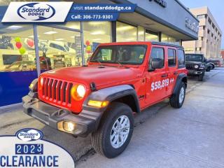 <b>2.0L I4 DOHC DI Turbo Engine w/ ESS, Heated Seats, Black 3-Piece Hard Top, Premium Audio, Trailer Tow!</b><br> <br> <br> <br>  With decades of experience, and all the modern technology they could need, this Jeep Wrangler is ready to rock your world. <br> <br>No matter where your next adventure takes you, this Jeep Wrangler is ready for the challenge. With advanced traction and handling capability, sophisticated safety features and ample ground clearance, the Wrangler is designed to climb up and crawl over the toughest terrain. Inside the cabin of this Wrangler offers supportive seats and comes loaded with the technology you expect while staying loyal to the style and design youve come to know and love.<br> <br> This punk n metallic SUV  has a 8 speed automatic transmission and is powered by a  270HP 2.0L 4 Cylinder Engine.<br> <br> Our Wranglers trim level is Sport S.  This Sport S takes infotainment just as seriously as the trail with Apple CarPlay, Android Auto, and a wi-fi hotspot offered on the Uconnect system. This Wrangler Sport S is exactly what you want from an off-roading machine with skid plates, tow hooks, a sport bar, Dana axles, and a shift-on-the-fly transfer case while aluminum wheels make sure you do it in style. A rearview camera and fog lamps help you stay safe. This vehicle has been upgraded with the following features: 2.0l I4 Dohc Di Turbo Engine W/ Ess, Heated Seats, Black 3-piece Hard Top, Premium Audio, Trailer Tow, Technology Group. <br><br> View the original window sticker for this vehicle with this url <b><a href=http://www.chrysler.com/hostd/windowsticker/getWindowStickerPdf.do?vin=1C4HJXDNXPW632154 target=_blank>http://www.chrysler.com/hostd/windowsticker/getWindowStickerPdf.do?vin=1C4HJXDNXPW632154</a></b>.<br> <br>To apply right now for financing use this link : <a href=https://standarddodge.ca/financing target=_blank>https://standarddodge.ca/financing</a><br><br> <br/><br>* Visit Us Today *Youve earned this - stop by Standard Chrysler Dodge Jeep Ram located at 208 Cheadle St W., Swift Current, SK S9H0B5 to make this car yours today! <br> Pricing may not reflect additional accessories that have been added to the advertised vehicle<br><br> Come by and check out our fleet of 30+ used cars and trucks and 130+ new cars and trucks for sale in Swift Current.  o~o
