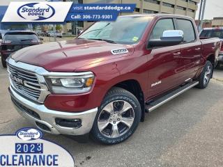 <b>5.7L V8 HEMI MDS VVT eTorque Engine, Leather Seats, 20 inch Aluminum Wheels, Trailer Hitch, Trailer Tow Group!</b><br> <br> <br> <br>  Make light work of tough jobs in this 2023 Ram 1500, with exceptional towing, torque and payload capability. <br> <br>The Ram 1500s unmatched luxury transcends traditional pickups without compromising its capability. Loaded with best-in-class features, its easy to see why the Ram 1500 is so popular. With the most towing and hauling capability in a Ram 1500, as well as improved efficiency and exceptional capability, this truck has the grit to take on any task.<br> <br> This red pearl Crew Cab 4X4 pickup   has a 8 speed automatic transmission and is powered by a  395HP 5.7L 8 Cylinder Engine.<br> <br> Our 1500s trim level is Laramie. Step up to this Ram 1500 Laramie and be rewarded with ventilated and heated front seats with power adjustment, lumbar support and memory function, remote engine start, a leather-wrapped steering wheel, power-adjustable pedals, interior sound insulation, simulated wood/metal interior trim, and dual-zone front climate control with infrared. This truck is also ready for work, with class III towing equipment including a hitch, wiring harness and trailer sway control, heavy duty suspension, power-folding exterior side mirrors with convex wide-angle inserts, and a locking tailgate. Connectivity is handled via an 8.4-inch screen powered by Uconnect 5 with GPS navigation, Apple CarPlay, Android Auto, SiriusXM satellite radio, and 4G LTE wi-fi hotspot.  This vehicle has been upgraded with the following features: 5.7l V8 Hemi Mds Vvt Etorque Engine, Leather Seats, 20 Inch Aluminum Wheels, Trailer Hitch, Trailer Tow Group. <br><br> View the original window sticker for this vehicle with this url <b><a href=http://www.chrysler.com/hostd/windowsticker/getWindowStickerPdf.do?vin=1C6SRFJT5PN632295 target=_blank>http://www.chrysler.com/hostd/windowsticker/getWindowStickerPdf.do?vin=1C6SRFJT5PN632295</a></b>.<br> <br>To apply right now for financing use this link : <a href=https://standarddodge.ca/financing target=_blank>https://standarddodge.ca/financing</a><br><br> <br/><br>* Visit Us Today *Youve earned this - stop by Standard Chrysler Dodge Jeep Ram located at 208 Cheadle St W., Swift Current, SK S9H0B5 to make this car yours today! <br> Pricing may not reflect additional accessories that have been added to the advertised vehicle<br><br> Come by and check out our fleet of 30+ used cars and trucks and 120+ new cars and trucks for sale in Swift Current.  o~o