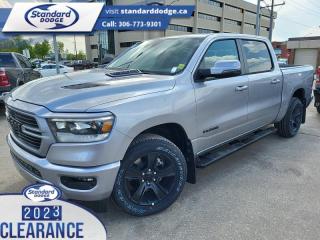 <b>Leather Seats, 5.7L V8 HEMI MDS VVT eTorque Engine, Trailer Hitch!</b><br> <br> <br> <br>  Work, play, and adventure are what the 2023 Ram 1500 was designed to do. <br> <br>The Ram 1500s unmatched luxury transcends traditional pickups without compromising its capability. Loaded with best-in-class features, its easy to see why the Ram 1500 is so popular. With the most towing and hauling capability in a Ram 1500, as well as improved efficiency and exceptional capability, this truck has the grit to take on any task.<br> <br> This billet metallic Crew Cab 4X4 pickup   has a 8 speed automatic transmission and is powered by a  395HP 5.7L 8 Cylinder Engine.<br> <br> Our 1500s trim level is Sport. This RAM 1500 Sport throws in some great comforts such as power-adjustable heated front seats with lumbar support, dual-zone climate control, power-adjustable pedals, deluxe sound insulation, and a heated leather-wrapped steering wheel. Connectivity is handled by an upgraded 12-inch display powered by Uconnect 5W with inbuilt navigation, mobile internet hotspot access, smart device integration, and a 10-speaker audio setup. Additional features include power folding exterior mirrors, a power rear window with defrosting, a trailer wiring harness, heavy-duty suspension, cargo box lighting, and a locking tailgate. This vehicle has been upgraded with the following features: Leather Seats, 5.7l V8 Hemi Mds Vvt Etorque Engine, Trailer Hitch. <br><br> View the original window sticker for this vehicle with this url <b><a href=http://www.chrysler.com/hostd/windowsticker/getWindowStickerPdf.do?vin=1C6SRFVT2PN632300 target=_blank>http://www.chrysler.com/hostd/windowsticker/getWindowStickerPdf.do?vin=1C6SRFVT2PN632300</a></b>.<br> <br>To apply right now for financing use this link : <a href=https://standarddodge.ca/financing target=_blank>https://standarddodge.ca/financing</a><br><br> <br/><br>* Visit Us Today *Youve earned this - stop by Standard Chrysler Dodge Jeep Ram located at 208 Cheadle St W., Swift Current, SK S9H0B5 to make this car yours today! <br> Pricing may not reflect additional accessories that have been added to the advertised vehicle<br><br> Come by and check out our fleet of 30+ used cars and trucks and 120+ new cars and trucks for sale in Swift Current.  o~o