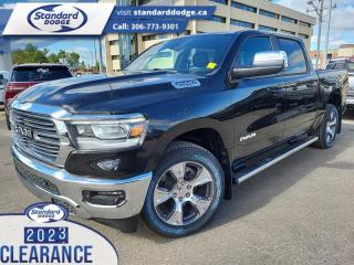 <b>5.7L V8 HEMI MDS VVT eTorque Engine, Leather Seats, 20 inch Aluminum Wheels, Trailer Hitch, Trailer Tow Group!</b><br> <br> <br> <br>  Work, play, and adventure are what the 2023 Ram 1500 was designed to do. <br> <br>The Ram 1500s unmatched luxury transcends traditional pickups without compromising its capability. Loaded with best-in-class features, its easy to see why the Ram 1500 is so popular. With the most towing and hauling capability in a Ram 1500, as well as improved efficiency and exceptional capability, this truck has the grit to take on any task.<br> <br> This diamond black crystal pearlcoat Crew Cab 4X4 pickup   has a 8 speed automatic transmission and is powered by a  395HP 5.7L 8 Cylinder Engine.<br> <br> Our 1500s trim level is Laramie. Step up to this Ram 1500 Laramie and be rewarded with ventilated and heated front seats with power adjustment, lumbar support and memory function, remote engine start, a leather-wrapped steering wheel, power-adjustable pedals, interior sound insulation, simulated wood/metal interior trim, and dual-zone front climate control with infrared. This truck is also ready for work, with class III towing equipment including a hitch, wiring harness and trailer sway control, heavy duty suspension, power-folding exterior side mirrors with convex wide-angle inserts, and a locking tailgate. Connectivity is handled via an 8.4-inch screen powered by Uconnect 5 with GPS navigation, Apple CarPlay, Android Auto, SiriusXM satellite radio, and 4G LTE wi-fi hotspot.  This vehicle has been upgraded with the following features: 5.7l V8 Hemi Mds Vvt Etorque Engine, Leather Seats, 20 Inch Aluminum Wheels, Trailer Hitch, Trailer Tow Group. <br><br> View the original window sticker for this vehicle with this url <b><a href=http://www.chrysler.com/hostd/windowsticker/getWindowStickerPdf.do?vin=1C6SRFJTXPN632292 target=_blank>http://www.chrysler.com/hostd/windowsticker/getWindowStickerPdf.do?vin=1C6SRFJTXPN632292</a></b>.<br> <br>To apply right now for financing use this link : <a href=https://standarddodge.ca/financing target=_blank>https://standarddodge.ca/financing</a><br><br> <br/><br>* Visit Us Today *Youve earned this - stop by Standard Chrysler Dodge Jeep Ram located at 208 Cheadle St W., Swift Current, SK S9H0B5 to make this car yours today! <br> Pricing may not reflect additional accessories that have been added to the advertised vehicle<br><br> Come by and check out our fleet of 30+ used cars and trucks and 120+ new cars and trucks for sale in Swift Current.  o~o