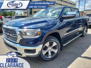 <b>5.7L V8 HEMI MDS VVT eTorque Engine, Leather Seats, 20 inch Aluminum Wheels, Trailer Hitch, Trailer Tow Group!</b><br> <br> <br> <br>  Work, play, and adventure are what the 2023 Ram 1500 was designed to do. <br> <br>The Ram 1500s unmatched luxury transcends traditional pickups without compromising its capability. Loaded with best-in-class features, its easy to see why the Ram 1500 is so popular. With the most towing and hauling capability in a Ram 1500, as well as improved efficiency and exceptional capability, this truck has the grit to take on any task.<br> <br> This patriot blue pearl coat Crew Cab 4X4 pickup   has a 8 speed automatic transmission and is powered by a  395HP 5.7L 8 Cylinder Engine.<br> <br> Our 1500s trim level is Laramie. Step up to this Ram 1500 Laramie and be rewarded with ventilated and heated front seats with power adjustment, lumbar support and memory function, remote engine start, a leather-wrapped steering wheel, power-adjustable pedals, interior sound insulation, simulated wood/metal interior trim, and dual-zone front climate control with infrared. This truck is also ready for work, with class III towing equipment including a hitch, wiring harness and trailer sway control, heavy duty suspension, power-folding exterior side mirrors with convex wide-angle inserts, and a locking tailgate. Connectivity is handled via an 8.4-inch screen powered by Uconnect 5 with GPS navigation, Apple CarPlay, Android Auto, SiriusXM satellite radio, and 4G LTE wi-fi hotspot.  This vehicle has been upgraded with the following features: 5.7l V8 Hemi Mds Vvt Etorque Engine, Leather Seats, 20 Inch Aluminum Wheels, Trailer Hitch, Trailer Tow Group. <br><br> View the original window sticker for this vehicle with this url <b><a href=http://www.chrysler.com/hostd/windowsticker/getWindowStickerPdf.do?vin=1C6SRFJT3PN632294 target=_blank>http://www.chrysler.com/hostd/windowsticker/getWindowStickerPdf.do?vin=1C6SRFJT3PN632294</a></b>.<br> <br>To apply right now for financing use this link : <a href=https://standarddodge.ca/financing target=_blank>https://standarddodge.ca/financing</a><br><br> <br/><br>* Visit Us Today *Youve earned this - stop by Standard Chrysler Dodge Jeep Ram located at 208 Cheadle St W., Swift Current, SK S9H0B5 to make this car yours today! <br> Pricing may not reflect additional accessories that have been added to the advertised vehicle<br><br> Come by and check out our fleet of 30+ used cars and trucks and 120+ new cars and trucks for sale in Swift Current.  o~o