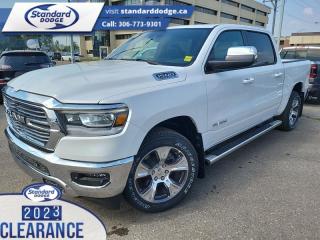 <b>5.7L V8 HEMI MDS VVT eTorque Engine, Leather Seats, 20 inch Aluminum Wheels, Trailer Hitch, Trailer Tow Group!</b><br> <br> <br> <br>  Work, play, and adventure are what the 2023 Ram 1500 was designed to do. <br> <br>The Ram 1500s unmatched luxury transcends traditional pickups without compromising its capability. Loaded with best-in-class features, its easy to see why the Ram 1500 is so popular. With the most towing and hauling capability in a Ram 1500, as well as improved efficiency and exceptional capability, this truck has the grit to take on any task.<br> <br> This ivory tri-coat pearl Crew Cab 4X4 pickup   has a 8 speed automatic transmission and is powered by a  395HP 5.7L 8 Cylinder Engine.<br> <br> Our 1500s trim level is Laramie. Step up to this Ram 1500 Laramie and be rewarded with ventilated and heated front seats with power adjustment, lumbar support and memory function, remote engine start, a leather-wrapped steering wheel, power-adjustable pedals, interior sound insulation, simulated wood/metal interior trim, and dual-zone front climate control with infrared. This truck is also ready for work, with class III towing equipment including a hitch, wiring harness and trailer sway control, heavy duty suspension, power-folding exterior side mirrors with convex wide-angle inserts, and a locking tailgate. Connectivity is handled via an 8.4-inch screen powered by Uconnect 5 with GPS navigation, Apple CarPlay, Android Auto, SiriusXM satellite radio, and 4G LTE wi-fi hotspot.  This vehicle has been upgraded with the following features: 5.7l V8 Hemi Mds Vvt Etorque Engine, Leather Seats, 20 Inch Aluminum Wheels, Trailer Hitch, Trailer Tow Group. <br><br> View the original window sticker for this vehicle with this url <b><a href=http://www.chrysler.com/hostd/windowsticker/getWindowStickerPdf.do?vin=1C6SRFJT7PN632296 target=_blank>http://www.chrysler.com/hostd/windowsticker/getWindowStickerPdf.do?vin=1C6SRFJT7PN632296</a></b>.<br> <br>To apply right now for financing use this link : <a href=https://standarddodge.ca/financing target=_blank>https://standarddodge.ca/financing</a><br><br> <br/><br>* Visit Us Today *Youve earned this - stop by Standard Chrysler Dodge Jeep Ram located at 208 Cheadle St W., Swift Current, SK S9H0B5 to make this car yours today! <br> Pricing may not reflect additional accessories that have been added to the advertised vehicle<br><br> Come by and check out our fleet of 30+ used cars and trucks and 120+ new cars and trucks for sale in Swift Current.  o~o