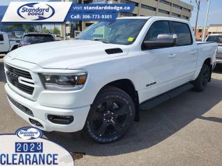 <b>5.7L V8 HEMI MDS VVT eTorque Engine, Leather Seats, Running Boards , Trailer Hitch, Trailer Tow Group!</b><br> <br> <br> <br>  Make light work of tough jobs in this 2023 Ram 1500, with exceptional towing, torque and payload capability. <br> <br>The Ram 1500s unmatched luxury transcends traditional pickups without compromising its capability. Loaded with best-in-class features, its easy to see why the Ram 1500 is so popular. With the most towing and hauling capability in a Ram 1500, as well as improved efficiency and exceptional capability, this truck has the grit to take on any task.<br> <br> This bright white Crew Cab 4X4 pickup   has a 8 speed automatic transmission and is powered by a  395HP 5.7L 8 Cylinder Engine.<br> <br> Our 1500s trim level is Sport. This RAM 1500 Sport throws in some great comforts such as power-adjustable heated front seats with lumbar support, dual-zone climate control, power-adjustable pedals, deluxe sound insulation, and a heated leather-wrapped steering wheel. Connectivity is handled by an upgraded 12-inch display powered by Uconnect 5W with inbuilt navigation, mobile internet hotspot access, smart device integration, and a 10-speaker audio setup. Additional features include power folding exterior mirrors, a power rear window with defrosting, a trailer wiring harness, heavy-duty suspension, cargo box lighting, and a locking tailgate. This vehicle has been upgraded with the following features: 5.7l V8 Hemi Mds Vvt Etorque Engine, Leather Seats, Running Boards , Trailer Hitch, Trailer Tow Group. <br><br> View the original window sticker for this vehicle with this url <b><a href=http://www.chrysler.com/hostd/windowsticker/getWindowStickerPdf.do?vin=1C6SRFVT8PN663373 target=_blank>http://www.chrysler.com/hostd/windowsticker/getWindowStickerPdf.do?vin=1C6SRFVT8PN663373</a></b>.<br> <br>To apply right now for financing use this link : <a href=https://standarddodge.ca/financing target=_blank>https://standarddodge.ca/financing</a><br><br> <br/><br>* Visit Us Today *Youve earned this - stop by Standard Chrysler Dodge Jeep Ram located at 208 Cheadle St W., Swift Current, SK S9H0B5 to make this car yours today! <br> Pricing may not reflect additional accessories that have been added to the advertised vehicle<br><br> Come by and check out our fleet of 30+ used cars and trucks and 110+ new cars and trucks for sale in Swift Current.  o~o