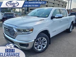 <b>Sunroof, 5.7L V8 HEMI MDS VVT eTorque Engine, Longhorn Level 1 Equipment Group, Leather Seats, Trailer Tow Group!</b><br> <br> <br> <br>  Beauty meets brawn with this rugged Ram 1500. <br> <br>The Ram 1500s unmatched luxury transcends traditional pickups without compromising its capability. Loaded with best-in-class features, its easy to see why the Ram 1500 is so popular. With the most towing and hauling capability in a Ram 1500, as well as improved efficiency and exceptional capability, this truck has the grit to take on any task.<br> <br> This ivory tri-coat pearl Crew Cab 4X4 pickup   has a 8 speed automatic transmission and is powered by a  395HP 5.7L 8 Cylinder Engine.<br> <br> Our 1500s trim level is Longhorn. This Ram 1500 Longhorn adds genuine leather upholstery, an upgraded 12-inch infotainment screen with Uconnect 5W, and a 10-speaker Alpine Performance audio system, in addition to ventilated and heated front seats with power adjustment, lumbar support and memory function, remote engine start, a leather-wrapped steering wheel, power-adjustable pedals, interior sound insulation, simulated wood/metal interior trim, and dual-zone front climate control with infrared. This truck is also ready for work, with class III towing equipment including a hitch, wiring harness and trailer sway control, heavy duty suspension, power-folding exterior side mirrors with convex wide-angle inserts, and a locking tailgate. Connectivity features include GPS navigation, Apple CarPlay, Android Auto, SiriusXM satellite radio, and 4G LTE wi-fi hotspot. This vehicle has been upgraded with the following features: Sunroof, 5.7l V8 Hemi Mds Vvt Etorque Engine, Longhorn Level 1 Equipment Group, Leather Seats, Trailer Tow Group, Trailer Hitch. <br><br> View the original window sticker for this vehicle with this url <b><a href=http://www.chrysler.com/hostd/windowsticker/getWindowStickerPdf.do?vin=1C6SRFKT0PN668684 target=_blank>http://www.chrysler.com/hostd/windowsticker/getWindowStickerPdf.do?vin=1C6SRFKT0PN668684</a></b>.<br> <br>To apply right now for financing use this link : <a href=https://standarddodge.ca/financing target=_blank>https://standarddodge.ca/financing</a><br><br> <br/><br>* Visit Us Today *Youve earned this - stop by Standard Chrysler Dodge Jeep Ram located at 208 Cheadle St W., Swift Current, SK S9H0B5 to make this car yours today! <br> Pricing may not reflect additional accessories that have been added to the advertised vehicle<br><br> Come by and check out our fleet of 30+ used cars and trucks and 120+ new cars and trucks for sale in Swift Current.  o~o