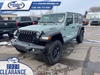 <b>2.0L I4 DOHC DI Turbo Engine w/ ESS, Black 3-Piece Hard Top!</b><br> <br> <br> <br>  This ultra capable Jeep Wrangler was built to be tough and reliable, with next level comfort and convenience. <br> <br>No matter where your next adventure takes you, this Jeep Wrangler is ready for the challenge. With advanced traction and handling capability, sophisticated safety features and ample ground clearance, the Wrangler is designed to climb up and crawl over the toughest terrain. Inside the cabin of this Wrangler offers supportive seats and comes loaded with the technology you expect while staying loyal to the style and design youve come to know and love.<br> <br> This earl clear coat SUV  has a 8 speed automatic transmission and is powered by a  270HP 2.0L 4 Cylinder Engine.<br> <br> Our Wranglers trim level is Willys. This off-road icon in the Willys trim features off-road wheels with beefier suspension, comes standard with tow equipment that includes trailer sway control, front and rear tow hooks, front fog lamps, and a manual convertible top with fixed rollover protection. Occupants are treated front and rear illuminated cupholders, air conditioning, full carpet floors with all-weather mats, an 8-speaker audio system, and a 12.3-inch infotainment screen powered by Uconnect 5W, with smartphone integration and mobile hotspot internet access. Additional features include cruise control, a rearview camera, and even more. This vehicle has been upgraded with the following features: 2.0l I4 Dohc Di Turbo Engine W/ Ess, Black 3-piece Hard Top. <br><br> View the original window sticker for this vehicle with this url <b><a href=http://www.chrysler.com/hostd/windowsticker/getWindowStickerPdf.do?vin=1C4PJXDN0RW102080 target=_blank>http://www.chrysler.com/hostd/windowsticker/getWindowStickerPdf.do?vin=1C4PJXDN0RW102080</a></b>.<br> <br>To apply right now for financing use this link : <a href=https://standarddodge.ca/financing target=_blank>https://standarddodge.ca/financing</a><br><br> <br/><br>* Visit Us Today *Youve earned this - stop by Standard Chrysler Dodge Jeep Ram located at 208 Cheadle St W., Swift Current, SK S9H0B5 to make this car yours today! <br> Pricing may not reflect additional accessories that have been added to the advertised vehicle<br><br> Come by and check out our fleet of 40+ used cars and trucks and 130+ new cars and trucks for sale in Swift Current.  o~o