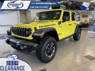 <b>Black 3-Piece Hard Top, Technology Group!</b><br> <br> <br> <br>  This Jeep Wrangler 4xe is the culmination of tireless innovation and extensive testing to built the ultimate off-road SUV. <br> <br>No matter where your next adventure takes you, this Jeep Wrangler 4xe is ready for the challenge. With advanced traction and plug-in hybrid technology, sophisticated safety features and ample ground clearance, the Wrangler 4xe is designed to climb up and crawl over the toughest terrain. Inside the cabin of this advanced Wrangler 4xe offers supportive seats and comes loaded with the technology you expect while staying loyal to the style and design youve come to know and love.<br> <br> This high velocity clear coat SUV  has a 8 speed automatic transmission and is powered by a  375HP 2.0L 4 Cylinder Engine.<br> <br> Our Wrangler 4xes trim level is Rubicon. Stepping up to this Wrangler Rubicon rewards you with incredible off-roading capability, thanks to heavy duty suspension, class II towing equipment that includes a hitch and trailer sway control, front active and rear anti-roll bars, upfitter switches, locking front and rear differentials, and skid plates for undercarriage protection. Interior features include an 8-speaker Alpine audio system, voice-activated dual zone climate control, front and rear cupholders, and a 12.3-inch infotainment system with smartphone integration and mobile internet hotspot access. Additional features include cruise control, a leatherette-wrapped steering wheel, proximity keyless entry, and even more. This vehicle has been upgraded with the following features: Black 3-piece Hard Top, Technology Group. <br><br> View the original window sticker for this vehicle with this url <b><a href=http://www.chrysler.com/hostd/windowsticker/getWindowStickerPdf.do?vin=1C4RJXR69RW126694 target=_blank>http://www.chrysler.com/hostd/windowsticker/getWindowStickerPdf.do?vin=1C4RJXR69RW126694</a></b>.<br> <br>To apply right now for financing use this link : <a href=https://standarddodge.ca/financing target=_blank>https://standarddodge.ca/financing</a><br><br> <br/><br>* Visit Us Today *Youve earned this - stop by Standard Chrysler Dodge Jeep Ram located at 208 Cheadle St W., Swift Current, SK S9H0B5 to make this car yours today! <br> Pricing may not reflect additional accessories that have been added to the advertised vehicle<br><br> Come by and check out our fleet of 40+ used cars and trucks and 130+ new cars and trucks for sale in Swift Current.  o~o