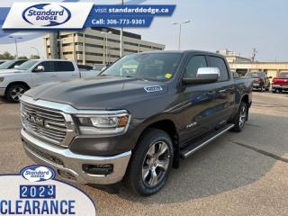 <b>5.7L V8 HEMI MDS VVT eTorque Engine, Leather Seats, 20 inch Aluminum Wheels, Trailer Hitch, Trailer Tow Group!</b><br> <br> <br> <br>  Whether you need tough and rugged capability, or soft and comfortable luxury, this 2023 Ram delivers every time. <br> <br>The Ram 1500s unmatched luxury transcends traditional pickups without compromising its capability. Loaded with best-in-class features, its easy to see why the Ram 1500 is so popular. With the most towing and hauling capability in a Ram 1500, as well as improved efficiency and exceptional capability, this truck has the grit to take on any task.<br> <br> This granite crystal metallic Crew Cab 4X4 pickup   has a 8 speed automatic transmission and is powered by a  395HP 5.7L 8 Cylinder Engine.<br> <br> Our 1500s trim level is Laramie. Step up to this Ram 1500 Laramie and be rewarded with ventilated and heated front seats with power adjustment, lumbar support and memory function, remote engine start, a leather-wrapped steering wheel, power-adjustable pedals, interior sound insulation, simulated wood/metal interior trim, and dual-zone front climate control with infrared. This truck is also ready for work, with class III towing equipment including a hitch, wiring harness and trailer sway control, heavy duty suspension, power-folding exterior side mirrors with convex wide-angle inserts, and a locking tailgate. Connectivity is handled via an 8.4-inch screen powered by Uconnect 5 with GPS navigation, Apple CarPlay, Android Auto, SiriusXM satellite radio, and 4G LTE wi-fi hotspot.  This vehicle has been upgraded with the following features: 5.7l V8 Hemi Mds Vvt Etorque Engine, Leather Seats, 20 Inch Aluminum Wheels, Trailer Hitch, Trailer Tow Group. <br><br> View the original window sticker for this vehicle with this url <b><a href=http://www.chrysler.com/hostd/windowsticker/getWindowStickerPdf.do?vin=1C6SRFJT1PN632293 target=_blank>http://www.chrysler.com/hostd/windowsticker/getWindowStickerPdf.do?vin=1C6SRFJT1PN632293</a></b>.<br> <br>To apply right now for financing use this link : <a href=https://standarddodge.ca/financing target=_blank>https://standarddodge.ca/financing</a><br><br> <br/><br>* Visit Us Today *Youve earned this - stop by Standard Chrysler Dodge Jeep Ram located at 208 Cheadle St W., Swift Current, SK S9H0B5 to make this car yours today! <br> Pricing may not reflect additional accessories that have been added to the advertised vehicle<br><br> Come by and check out our fleet of 30+ used cars and trucks and 110+ new cars and trucks for sale in Swift Current.  o~o