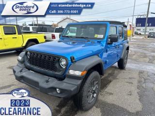 <b>2.0L I4 DOHC DI Turbo Engine w/ ESS, Technology Group, Fog Lamps!</b><br> <br> <br> <br>  This ultra capable Jeep Wrangler was built to be tough and reliable, with next level comfort and convenience. <br> <br>No matter where your next adventure takes you, this Jeep Wrangler is ready for the challenge. With advanced traction and handling capability, sophisticated safety features and ample ground clearance, the Wrangler is designed to climb up and crawl over the toughest terrain. Inside the cabin of this Wrangler offers supportive seats and comes loaded with the technology you expect while staying loyal to the style and design youve come to know and love.<br> <br> This hydro blue pearl SUV  has a 8 speed automatic transmission and is powered by a  270HP 2.0L 4 Cylinder Engine.<br> <br> Our Wranglers trim level is Sport S. This off-road icon in the Sport S trim comes standard with aluminum wheels, tow equipment that includes trailer sway control, front and rear tow hooks, front fog lamps, and a manual convertible top with fixed rollover protection. Occupants are treated front and rear illuminated cupholders, air conditioning, an 8-speaker audio system, and a 12.3-inch infotainment screen powered by Uconnect 5W, with smartphone integration and mobile hotspot internet access. Additional features include cruise control, a rearview camera, and even more. This vehicle has been upgraded with the following features: 2.0l I4 Dohc Di Turbo Engine W/ Ess, Technology Group, Fog Lamps. <br><br> View the original window sticker for this vehicle with this url <b><a href=http://www.chrysler.com/hostd/windowsticker/getWindowStickerPdf.do?vin=1C4PJXDNXRW152047 target=_blank>http://www.chrysler.com/hostd/windowsticker/getWindowStickerPdf.do?vin=1C4PJXDNXRW152047</a></b>.<br> <br>To apply right now for financing use this link : <a href=https://standarddodge.ca/financing target=_blank>https://standarddodge.ca/financing</a><br><br> <br/><br>* Visit Us Today *Youve earned this - stop by Standard Chrysler Dodge Jeep Ram located at 208 Cheadle St W., Swift Current, SK S9H0B5 to make this car yours today! <br> Pricing may not reflect additional accessories that have been added to the advertised vehicle<br><br> Come by and check out our fleet of 40+ used cars and trucks and 130+ new cars and trucks for sale in Swift Current.  o~o