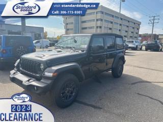 <b>2.0L I4 DOHC DI Turbo Engine w/ ESS, Technology Group, Fog Lamps!</b><br> <br> <br> <br>  With decades of experience, and all the modern technology they could need, this Jeep Wrangler is ready to rock your world. <br> <br>No matter where your next adventure takes you, this Jeep Wrangler is ready for the challenge. With advanced traction and handling capability, sophisticated safety features and ample ground clearance, the Wrangler is designed to climb up and crawl over the toughest terrain. Inside the cabin of this Wrangler offers supportive seats and comes loaded with the technology you expect while staying loyal to the style and design youve come to know and love.<br> <br> This black clear coat               SUV  has a 8 speed automatic transmission and is powered by a  270HP 2.0L 4 Cylinder Engine.<br> <br> Our Wranglers trim level is Sport S. This off-road icon in the Sport S trim comes standard with aluminum wheels, tow equipment that includes trailer sway control, front and rear tow hooks, front fog lamps, and a manual convertible top with fixed rollover protection. Occupants are treated front and rear illuminated cupholders, air conditioning, an 8-speaker audio system, and a 12.3-inch infotainment screen powered by Uconnect 5W, with smartphone integration and mobile hotspot internet access. Additional features include cruise control, a rearview camera, and even more. This vehicle has been upgraded with the following features: 2.0l I4 Dohc Di Turbo Engine W/ Ess, Technology Group, Fog Lamps. <br><br> View the original window sticker for this vehicle with this url <b><a href=http://www.chrysler.com/hostd/windowsticker/getWindowStickerPdf.do?vin=1C4PJXDN1RW156620 target=_blank>http://www.chrysler.com/hostd/windowsticker/getWindowStickerPdf.do?vin=1C4PJXDN1RW156620</a></b>.<br> <br>To apply right now for financing use this link : <a href=https://standarddodge.ca/financing target=_blank>https://standarddodge.ca/financing</a><br><br> <br/><br>* Visit Us Today *Youve earned this - stop by Standard Chrysler Dodge Jeep Ram located at 208 Cheadle St W., Swift Current, SK S9H0B5 to make this car yours today! <br> Pricing may not reflect additional accessories that have been added to the advertised vehicle<br><br> Come by and check out our fleet of 30+ used cars and trucks and 90+ new cars and trucks for sale in Swift Current.  o~o