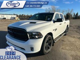 <b>Express Value Package, Sub Zero Package, Mopar Sport Performance Hood, Trailer Hitch!</b><br> <br> <br> <br>  Reliable, dependable, and innovative, this Ram 1500 Classic proves that it has what it takes to get the job done right. <br> <br>The reasons why this Ram 1500 Classic stands above its well-respected competition are evident: uncompromising capability, proven commitment to safety and security, and state-of-the-art technology. From its muscular exterior to the well-trimmed interior, this 2023 Ram 1500 Classic is more than just a workhorse. Get the job done in comfort and style while getting a great value with this amazing full-size truck. <br> <br> This bright white Crew Cab 4X4 pickup   has a 8 speed automatic transmission and is powered by a  395HP 5.7L 8 Cylinder Engine.<br> <br> Our 1500 Classics trim level is Express. This Ram 1500 Express features upgraded aluminum wheels, front fog lamps and USB connectivity, along with a great selection of standard features such as class II towing equipment including a hitch, wiring harness and trailer sway control, heavy-duty suspension, cargo box lighting, and a locking tailgate. Additional features include heated and power adjustable side mirrors, UCconnect 3, cruise control, air conditioning, vinyl floor lining, and a rearview camera. This vehicle has been upgraded with the following features: Express Value Package, Sub Zero Package, Mopar Sport Performance Hood, Trailer Hitch. <br><br> View the original window sticker for this vehicle with this url <b><a href=http://www.chrysler.com/hostd/windowsticker/getWindowStickerPdf.do?vin=3C6RR7KT3PG667932 target=_blank>http://www.chrysler.com/hostd/windowsticker/getWindowStickerPdf.do?vin=3C6RR7KT3PG667932</a></b>.<br> <br>To apply right now for financing use this link : <a href=https://standarddodge.ca/financing target=_blank>https://standarddodge.ca/financing</a><br><br> <br/><br>* Visit Us Today *Youve earned this - stop by Standard Chrysler Dodge Jeep Ram located at 208 Cheadle St W., Swift Current, SK S9H0B5 to make this car yours today! <br> Pricing may not reflect additional accessories that have been added to the advertised vehicle<br><br> Come by and check out our fleet of 30+ used cars and trucks and 120+ new cars and trucks for sale in Swift Current.  o~o