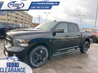 <b>Express Value Package, Sub Zero Package, Mopar Sport Performance Hood, Trailer Hitch!</b><br> <br> <br> <br>  This 2023 Ram 1500 Classic is the truck to have, thanks to its incredible powertrain and a well-appointed interior. <br> <br>The reasons why this Ram 1500 Classic stands above its well-respected competition are evident: uncompromising capability, proven commitment to safety and security, and state-of-the-art technology. From its muscular exterior to the well-trimmed interior, this 2023 Ram 1500 Classic is more than just a workhorse. Get the job done in comfort and style while getting a great value with this amazing full-size truck. <br> <br> This diamond black crystal pearlcoat Crew Cab 4X4 pickup   has a 8 speed automatic transmission and is powered by a  395HP 5.7L 8 Cylinder Engine.<br> <br> Our 1500 Classics trim level is Express. This Ram 1500 Express features upgraded aluminum wheels, front fog lamps and USB connectivity, along with a great selection of standard features such as class II towing equipment including a hitch, wiring harness and trailer sway control, heavy-duty suspension, cargo box lighting, and a locking tailgate. Additional features include heated and power adjustable side mirrors, UCconnect 3, cruise control, air conditioning, vinyl floor lining, and a rearview camera. This vehicle has been upgraded with the following features: Express Value Package, Sub Zero Package, Mopar Sport Performance Hood, Trailer Hitch. <br><br> View the original window sticker for this vehicle with this url <b><a href=http://www.chrysler.com/hostd/windowsticker/getWindowStickerPdf.do?vin=3C6RR7KT0PG667936 target=_blank>http://www.chrysler.com/hostd/windowsticker/getWindowStickerPdf.do?vin=3C6RR7KT0PG667936</a></b>.<br> <br>To apply right now for financing use this link : <a href=https://standarddodge.ca/financing target=_blank>https://standarddodge.ca/financing</a><br><br> <br/><br>* Visit Us Today *Youve earned this - stop by Standard Chrysler Dodge Jeep Ram located at 208 Cheadle St W., Swift Current, SK S9H0B5 to make this car yours today! <br> Pricing may not reflect additional accessories that have been added to the advertised vehicle<br><br> Come by and check out our fleet of 30+ used cars and trucks and 120+ new cars and trucks for sale in Swift Current.  o~o
