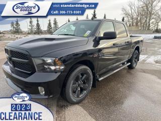 <b>Express Value Package, Sub Zero Package, Mopar Sport Performance Hood, Trailer Hitch!</b><br> <br> <br> <br>  This 2023 Ram 1500 Classic is the truck to have, thanks to its incredible powertrain and a well-appointed interior. <br> <br>The reasons why this Ram 1500 Classic stands above its well-respected competition are evident: uncompromising capability, proven commitment to safety and security, and state-of-the-art technology. From its muscular exterior to the well-trimmed interior, this 2023 Ram 1500 Classic is more than just a workhorse. Get the job done in comfort and style while getting a great value with this amazing full-size truck. <br> <br> This diamond black crystal pearlcoat Crew Cab 4X4 pickup   has a 8 speed automatic transmission and is powered by a  395HP 5.7L 8 Cylinder Engine.<br> <br> Our 1500 Classics trim level is Express. This Ram 1500 Express features upgraded aluminum wheels, front fog lamps and USB connectivity, along with a great selection of standard features such as class II towing equipment including a hitch, wiring harness and trailer sway control, heavy-duty suspension, cargo box lighting, and a locking tailgate. Additional features include heated and power adjustable side mirrors, UCconnect 3, cruise control, air conditioning, vinyl floor lining, and a rearview camera. This vehicle has been upgraded with the following features: Express Value Package, Sub Zero Package, Mopar Sport Performance Hood, Trailer Hitch. <br><br> View the original window sticker for this vehicle with this url <b><a href=http://www.chrysler.com/hostd/windowsticker/getWindowStickerPdf.do?vin=3C6RR7KT9PG667935 target=_blank>http://www.chrysler.com/hostd/windowsticker/getWindowStickerPdf.do?vin=3C6RR7KT9PG667935</a></b>.<br> <br>To apply right now for financing use this link : <a href=https://standarddodge.ca/financing target=_blank>https://standarddodge.ca/financing</a><br><br> <br/><br>* Visit Us Today *Youve earned this - stop by Standard Chrysler Dodge Jeep Ram located at 208 Cheadle St W., Swift Current, SK S9H0B5 to make this car yours today! <br> Pricing may not reflect additional accessories that have been added to the advertised vehicle<br><br> Come by and check out our fleet of 30+ used cars and trucks and 120+ new cars and trucks for sale in Swift Current.  o~o