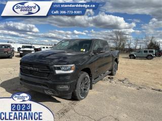<b>Leather Seats, 5.7L V8 HEMI MDS VVT eTorque Engine!</b><br> <br> <br> <br>  Make light work of tough jobs in this 2024 Ram 1500, with exceptional towing, torque and payload capability. <br> <br>The Ram 1500s unmatched luxury transcends traditional pickups without compromising its capability. Loaded with best-in-class features, its easy to see why the Ram 1500 is so popular. With the most towing and hauling capability in a Ram 1500, as well as improved efficiency and exceptional capability, this truck has the grit to take on any task.<br> <br> This diamond black crystal pearlcoat Crew Cab 4X4 pickup   has a 8 speed automatic transmission and is powered by a  395HP 5.7L 8 Cylinder Engine.<br> <br> Our 1500s trim level is Sport. This RAM 1500 Sport throws in some great comforts such as power-adjustable heated front seats with lumbar support, dual-zone climate control, power-adjustable pedals, deluxe sound insulation, and a heated leather-wrapped steering wheel. Connectivity is handled by an upgraded 12-inch display powered by Uconnect 5W with inbuilt navigation, mobile internet hotspot access, smart device integration, and a 10-speaker audio setup. Additional features include power folding exterior mirrors, a power rear window with defrosting, class II towing equipment including a hitch, wiring harness and trailer sway control, heavy-duty suspension, cargo box lighting, and a locking tailgate. This vehicle has been upgraded with the following features: Leather Seats, 5.7l V8 Hemi Mds Vvt Etorque Engine. <br><br> View the original window sticker for this vehicle with this url <b><a href=http://www.chrysler.com/hostd/windowsticker/getWindowStickerPdf.do?vin=1C6SRFVT3RN123755 target=_blank>http://www.chrysler.com/hostd/windowsticker/getWindowStickerPdf.do?vin=1C6SRFVT3RN123755</a></b>.<br> <br>To apply right now for financing use this link : <a href=https://standarddodge.ca/financing target=_blank>https://standarddodge.ca/financing</a><br><br> <br/><br>* Visit Us Today *Youve earned this - stop by Standard Chrysler Dodge Jeep Ram located at 208 Cheadle St W., Swift Current, SK S9H0B5 to make this car yours today! <br> Pricing may not reflect additional accessories that have been added to the advertised vehicle<br><br> Come by and check out our fleet of 40+ used cars and trucks and 130+ new cars and trucks for sale in Swift Current.  o~o