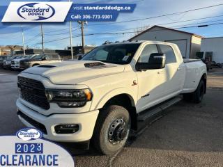 <b>6.7 Cummins HO Turbo Diesel, Night Edition, Sunroof, Limited Level 1 Equipment Group, Dual Rear Wheels!</b><br> <br> <br> <br>  Get the job done in comfort and style in this extremely capable Ram 3500 HD. <br> <br>Endlessly capable, this 2024 Ram 3500HD pulls out all the stops, and has the towing capacity that sets it apart from the competition. On top of its proven Ram toughness, this Ram 3500HD has an ultra-quiet cabin full of amazing tech features that help make your workday more enjoyable. Whether youre in the commercial sector or looking for serious recreational towing rig, this impressive 3500HD is ready for anything that you are.<br> <br> This pearl white                    sought after diesel Mega Cab 4X4 pickup   has a 6 speed automatic transmission and is powered by a Cummins 400HP 6.7L Straight 6 Cylinder Engine.<br> <br> Our 3500s trim level is Limited. This fully-decked Ram 3500 Limited rewards you with blind spot detection, chrome exterior accents, ventilated and heated and power-adjustable front seats with lumbar support, heated second row seats, power extendable trailer style side mirrors and side steps, and is also well equipped with class V towing equipment including a hitch, brake controller and trailer sway control, heavy duty suspension, front and reverse utility lights, cargo box lighting, and a rear step bumper. On the inside, occupants are treated to leather upholstery, dual-zone front automatic air conditioning, a genuine wood/leather-wrapped steering wheel, and illuminated front cupholders. Stay connected on the road via an 8.4-inch display powered by Uconnect 5 with GPS navigation, HD radio, Apple CarPlay and Android Auto, Alexa Built-In, SiriusXM streaming radio, trailer tow pages, off-road info pages, and mobile hotspot internet access. Additional features include a 10-speaker Alpine audio system, 115-volt rear auxiliary power outlet, remote engine start, and even more! This vehicle has been upgraded with the following features: 6.7 Cummins Ho Turbo Diesel, Night Edition, Sunroof, Limited Level 1 Equipment Group, Dual Rear Wheels, Auto Leveling Rear Air Suspension, Heavy Duty Snow Plow Prep Group. <br><br> View the original window sticker for this vehicle with this url <b><a href=http://www.chrysler.com/hostd/windowsticker/getWindowStickerPdf.do?vin=3C63RRPL5RG149690 target=_blank>http://www.chrysler.com/hostd/windowsticker/getWindowStickerPdf.do?vin=3C63RRPL5RG149690</a></b>.<br> <br>To apply right now for financing use this link : <a href=https://standarddodge.ca/financing target=_blank>https://standarddodge.ca/financing</a><br><br> <br/><br>* Visit Us Today *Youve earned this - stop by Standard Chrysler Dodge Jeep Ram located at 208 Cheadle St W., Swift Current, SK S9H0B5 to make this car yours today! <br> Pricing may not reflect additional accessories that have been added to the advertised vehicle<br><br> Come by and check out our fleet of 30+ used cars and trucks and 120+ new cars and trucks for sale in Swift Current.  o~o