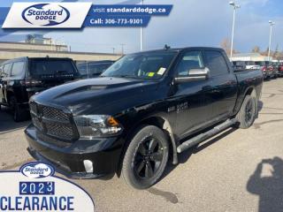 <b>Express Value Package, Sub Zero Package, Mopar Sport Performance Hood, Trailer Tow Group, Running Boards !</b><br> <br> <br> <br>  This Ram 1500 Classic is a top contender in the full-size pickup segment thanks to a winning combination of a strong powertrain, a smooth ride and a well-trimmed cabin. <br> <br>The reasons why this Ram 1500 Classic stands above its well-respected competition are evident: uncompromising capability, proven commitment to safety and security, and state-of-the-art technology. From its muscular exterior to the well-trimmed interior, this 2023 Ram 1500 Classic is more than just a workhorse. Get the job done in comfort and style while getting a great value with this amazing full-size truck. <br> <br> This diamond black crystal pearlcoat Crew Cab 4X4 pickup   has a 8 speed automatic transmission and is powered by a  395HP 5.7L 8 Cylinder Engine.<br> <br> Our 1500 Classics trim level is Express. This Ram 1500 Express features upgraded aluminum wheels, front fog lamps and USB connectivity, along with a great selection of standard features such as class II towing equipment including a hitch, wiring harness and trailer sway control, heavy-duty suspension, cargo box lighting, and a locking tailgate. Additional features include heated and power adjustable side mirrors, UCconnect 3, cruise control, air conditioning, vinyl floor lining, and a rearview camera. This vehicle has been upgraded with the following features: Express Value Package, Sub Zero Package, Mopar Sport Performance Hood, Trailer Tow Group, Running Boards . <br><br> View the original window sticker for this vehicle with this url <b><a href=http://www.chrysler.com/hostd/windowsticker/getWindowStickerPdf.do?vin=3C6RR7KT4PG667826 target=_blank>http://www.chrysler.com/hostd/windowsticker/getWindowStickerPdf.do?vin=3C6RR7KT4PG667826</a></b>.<br> <br>To apply right now for financing use this link : <a href=https://standarddodge.ca/financing target=_blank>https://standarddodge.ca/financing</a><br><br> <br/><br>* Visit Us Today *Youve earned this - stop by Standard Chrysler Dodge Jeep Ram located at 208 Cheadle St W., Swift Current, SK S9H0B5 to make this car yours today! <br> Pricing may not reflect additional accessories that have been added to the advertised vehicle<br><br> Come by and check out our fleet of 30+ used cars and trucks and 120+ new cars and trucks for sale in Swift Current.  o~o