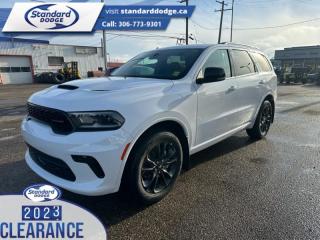 <b>Sunroof,  Cooled Seats,  Navigation,  Apple CarPlay,  Android Auto!</b><br> <br> <br> <br>  Amazing suspension, a roomy, comfortable interior, and awesome motors from the Dodge line, the Dodge Durango is ready to roll. <br> <br>Filled with impressive standard features, this family friendly 2023 Dodge Durango is a surprising and adventurous SUV. Versatile as they come, you can manage any road you find in comfort and style, while effortlessly leading the pack in this Dodge Durango. For a capable, impressive, and versatile family SUV that can still climb mountains, this Dodge Durango is ready for your familys next big adventure.<br> <br> This  SUV  has a 8 speed automatic transmission and is powered by a  295HP 3.6L V6 Cylinder Engine.<br> <br> Our Durangos trim level is GT. Step up to this Durango GT and be rewarded with an express open/close sunroof, a power operated liftgate for rear cargo access, Nappa leather upholstery, ventilated and heated front seats with lumbar support and memory function, heated rear seats, adaptive cruise control, and upgraded tow equipment with hitch and sway control and trailer brake control. The standard features continue with remote engine start, a sport leather-wrapped heated steering wheel, and an upgraded 10.1-inch infotainment screen powered by Uconnect 5 and features inbuilt GPS navigation, Apple CarPlay, Android Auto, mobile hotspot internet access, and SiriusXM satellite radio. Safety features also include blind spot detection with rear cross traffic alert, forward collision mitigation, ParkSense with rear parking sensors, and even more. This vehicle has been upgraded with the following features: Sunroof,  Cooled Seats,  Navigation,  Apple Carplay,  Android Auto,  4g Wi-fi,  Leather Seats. <br><br> View the original window sticker for this vehicle with this url <b><a href=http://www.chrysler.com/hostd/windowsticker/getWindowStickerPdf.do?vin=1C4RDJDG0PC694335 target=_blank>http://www.chrysler.com/hostd/windowsticker/getWindowStickerPdf.do?vin=1C4RDJDG0PC694335</a></b>.<br> <br>To apply right now for financing use this link : <a href=https://standarddodge.ca/financing target=_blank>https://standarddodge.ca/financing</a><br><br> <br/><br>* Visit Us Today *Youve earned this - stop by Standard Chrysler Dodge Jeep Ram located at 208 Cheadle St W., Swift Current, SK S9H0B5 to make this car yours today! <br> Pricing may not reflect additional accessories that have been added to the advertised vehicle<br><br> Come by and check out our fleet of 30+ used cars and trucks and 120+ new cars and trucks for sale in Swift Current.  o~o