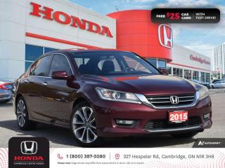 <p><strong>GREAT VEHICLE! NO REPORTED ACCIDENTS! TEST DRIVE TODAY! </strong>2015 Honda Accord Sport featuring CVT transmission with steering wheel-mounted paddle shifters, five passenger seating, power sunroof, rearview camera with guidelines, auto-on/off headlights, fog lights, tire pressure monitoring system, ECON mode button and Eco-Assist system, Bluetooth, AM/FM/CD stereo system with USB and auxiliary inputs, steering wheel mounted controls, cruise control, air conditioning, dual climate zones, heated front seats, two 12V power outlets, power adjustable drivers seat, power and heated mirrors, power locks, remote keyless entry with trunk release, power windows, split fold rear seat, electronic stability control and anti-lock braking system. Contact Cambridge Centre Honda for special discounted finance rates, as low as 8.99%, on approved credit from Honda Financial Services.</p>

<p><span style=color:#ff0000><strong>FREE $25 GAS CARD WITH TEST DRIVE!</strong></span></p>

<p>Our philosophy is simple. We believe that buying and owning a car should be easy, enjoyable and transparent. Welcome to the Cambridge Centre Honda Family! Cambridge Centre Honda proudly serves customers from Cambridge, Kitchener, Waterloo, Brantford, Hamilton, Waterford, Brant, Woodstock, Paris, Branchton, Preston, Hespeler, Galt, Puslinch, Morriston, Roseville, Plattsville, New Hamburg, Baden, Tavistock, Stratford, Wellesley, St. Clements, St. Jacobs, Elmira, Breslau, Guelph, Fergus, Elora, Rockwood, Halton Hills, Georgetown, Milton and all across Ontario!</p>