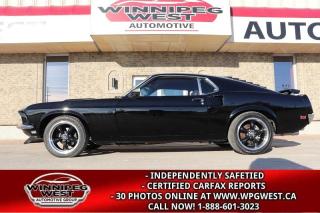 **Cash Price: $84,800*** Plus PST/GST. NO ADMINISTRATION FEES, ALL TRADES CONSIDERED!    

WINNIPEG WEST AUTO MUSCLE CAR DIVISION IS PLEASE TO PRESENT THIS STUNNING 1969 FORD MUSTANG FASTBACK RESTO-MOD. THE TRUE ICONIC MUSCLE CAR! EVEN JOHN WICK HAD ONE!!  AND LETS NOT FORGET STEVE MCQUEENS BULLITT MUSTANG THAT SOLD IN 2020 FOR $3.74 MILLION USD!!  THIS IS A MUST SEE, UNBELIEVABLE ROTISSERIE RESTORATION WITH NO EXPENSE SPARED! 

A TRUE ICONIC 60S MUSCLE CAR. THE 1969 FASTBACK MUSTANG!!! AND NOW EQUIPPED WITH ALL THE RIGHT STUFF!!

Check out this gorgeous 1969 Ford Mustang Fastback Resto-mod! This Mustang has undergone an extensive Rotisserie Build and lots of custom and performance components were added during the process! Take a look at the mirror-like Black Exterior Paint, Front Spoiler, Boss 9 Hood Scoop,  5-Spoke torque style wheels with High performance Radial tires,  Bright Chrome Bumpers, Polished Trim, and the stainless steel Dual Exhaust. Inside, this custom stallion is sporting Black Upholstery, Front Bucket Seating, Rear Bench Seating, 3 Spoke Wood Steering wheel,  Black Carpet, Center Console with chrome Shifter, and a Carpeted Trunk with plenty of room for your car show essentials.

Truly one of the most sought-after classic cars on the market today and one of the best investment muscle cars you can buy, this truly is a pedigree investment quality car! The builder stated that this was a multi year and close to $200,000 high-end full rotisserie restoration performed on this stunning Mustang!  No expense spared restoration, all metal, and stunning black paint done by one of the best painters in Manitoba! This car was built with the highest expectations, and you can tell! Really amazing! 

The engine bay of this Mustang is beautiful, and youll want to display it wherever you go to show off the incredible powerplant! The cooling system has also been upgraded with an Aluminum Radiator. Powered by a fresh high end built Ford 347 Cu Inch (Stroked 302) small block engine with Aluminum heads, MSD Ignition and coil, Holly Throttle body and FI Tech Fuel control system (Dyno Tuned at 409 Rear Wheel HP & 433FT LBS TQ / aprox 505 Crank HP), full chrome March Pully serpentine belt conversion, complete Ford Racing Dress up kit and so much more under the hood of this car, which looks amazing and runs better than it looks! This small block exhaust sounds great through the complete stainless-steel exhaust from the JBA Performance long tube headers to the tailpipes, which give this car an unmistakable muscle car note! The power is routed through a fresh AOD 4-speed OD Transmission built for 700HP which ensures smooth sifting and performance heading into the 9-inch Ford Rear Diff and 4 link suspension! No expense spared in the good stuff here! 

This mustang looks as good on the inside as the outside with its beautiful Black interior, buckets and console, with B&M Custom chrome shifter for the AOD trans, add the modern stereo for the days you want to hear some other music than the sweet sound of the pure muscle small block Ford. You can monitor the performance of the Small block Ford through the FI Tech controller mounted on the dash.
The front suspension is full adjustable thanks to the coil over shocks with a complete strut tower elimination kit, which really cleans up the engine bay with amazing good looks, like it should have from the factory! The rear also has coil over adjustable shocks mated to the 4-link adjustable suspension which gives the owner of this beast all sorts of settings to set up the car the way they want the car to look and ride.

The underside of this stallion looks amazing like the rest of the car! Take a look underneath to see the nice condition of the Black Painted Floorboards, New Gas tank, Aluminum Drive Shaft and the New Dual Exhaust System that sounds amazing.

This Mustang looks amazing with the right stance and with the right wheels, which are the Retro Classic Style 5-Spoke torque style wheels with  High performance Radial tires. Of course it has the Mach 1 Classic Chin spoiler and trunk spoiler along with the rear window louvers which truly makes this Mustang look just like it should! 

This 1969 Ford Mustang Fastback Resto mod is a stunning ride that was built for show and go! Any collector or enthusiast would love to own this custom Mustang and it wont last long! This is the kind of true muscle car package that makes for big smiles and thumbs up as you head down to the local car shows!! It really is a beautiful car inside and out in all respects. Dont miss out on a great deal!! Available now with No-Disappointments. Do Not miss out on your DREAM car!!! So if you love a standout car, call today!

Classic cars have proven to be among the most resilient and rewarding investments in recent years and represents better than $$ in the bank and certainly a lot more fun. Ready to make an investment you can actually enjoy? Please contact one of our expert sales consultants for more information. They will be happy to give you a complete walk-around, supply you with a more detailed description, and answer any questions you may have. Buy with confidence.

Please call for more information or better yet make an appointment to see it in our heated, climate-controlled showroom where it is on display!! READY FOR SALE NOW.  Please see dealer for details. Trades accepted. View at Winnipeg West Automotive Group, 5195 Portage Ave. Dealer permit # 4365, Call now 1 (888) 601-3023. 

This Car is located in Winnipeg Manitoba however we can have it shipped anywhere in North America relatively inexpensively.