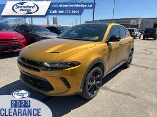 <b>Hybrid,  Sunroof,  Cooled Seats,  Navigation,  Premium Audio!</b><br> <br> <br> <br>  As a compact SUV, this 2024 Hornet perfectly encapsules Dodges obsession for incredible performance. <br> <br>This 2024 Dodge Hornet features sharp aggressive exterior styling combined with astounding performance from a selection of powertrains to ensure that this head-turning SUV stays on top of the pack. With an addition of a new hybrid power unit, exceptional acceleration as well as impressive efficiency is expected. For a taste of the new chapter of Dodge, step this way.<br> <br> This acapulco gold                  SUV  has a 6 speed automatic transmission and is powered by a  288HP 1.3L 4 Cylinder Engine.<br> <br> Our Hornets trim level is R/T Plus PHEV. This range-topping R/T Plus rewards you with inbuilt navigation, ventilated and heated leather seats with power adjustment and lumbar support, a power liftgate, a leather-wrapped heated steering wheel, remote engine start, and an 8-speaker Harman Kardon audio system. Other amazing standard features include a 10.25-inch infotainment screen powered by Uconnect 5 with wireless Apple CarPlay and Android Auto, LED lights with daytime running lights and automatic high beams, and power heated side mirrors. Safety on the road is assured thanks to blind spot detection, ParkSense rear parking sensors, forward collision warning with rear cross path detection, lane departure warning, and a ParkView back-up camera. Additional features include mobile hotspot internet access, front and rear cupholders, proximity keyless entry with push button start, traffic distance pacing, dual-zone front air conditioning, and so much more! This vehicle has been upgraded with the following features: Hybrid,  Sunroof,  Cooled Seats,  Navigation,  Premium Audio,  Power Liftgate,  Remote Start. <br><br> View the original window sticker for this vehicle with this url <b><a href=http://www.chrysler.com/hostd/windowsticker/getWindowStickerPdf.do?vin=ZACPDFDW9R3A21285 target=_blank>http://www.chrysler.com/hostd/windowsticker/getWindowStickerPdf.do?vin=ZACPDFDW9R3A21285</a></b>.<br> <br>To apply right now for financing use this link : <a href=https://standarddodge.ca/financing target=_blank>https://standarddodge.ca/financing</a><br><br> <br/><br>* Visit Us Today *Youve earned this - stop by Standard Chrysler Dodge Jeep Ram located at 208 Cheadle St W., Swift Current, SK S9H0B5 to make this car yours today! <br> Pricing may not reflect additional accessories that have been added to the advertised vehicle<br><br> Come by and check out our fleet of 30+ used cars and trucks and 90+ new cars and trucks for sale in Swift Current.  o~o