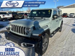 <b>2.0L I4 DOHC DI Turbo Engine w/ ESS, Side Steps, Technology Group, Body Color 3-Piece Hard Top!</b><br> <br> <br> <br>  A product of tireless innovation and timeless style, this 2024 Wrangler exhilarates with toughness, reliability, and proven capability. <br> <br>No matter where your next adventure takes you, this Jeep Wrangler is ready for the challenge. With advanced traction and handling capability, sophisticated safety features and ample ground clearance, the Wrangler is designed to climb up and crawl over the toughest terrain. Inside the cabin of this Wrangler offers supportive seats and comes loaded with the technology you expect while staying loyal to the style and design youve come to know and love.<br> <br> This earl clear coat SUV  has a 8 speed automatic transmission and is powered by a  270HP 2.0L 4 Cylinder Engine.<br> <br> Our Wranglers trim level is Sahara. This Wrangler Sahara features incredible off-roading capability, thanks to heavy duty suspension, towing equipment that includes trailer sway control, and skid plates for undercarriage protection. Interior features include heated front seats with lumbar support, a heated steering wheel, an 8-speaker Alpine audio system, voice-activated dual zone climate control, front and rear cupholders, and a 12.3-inch infotainment system with navigation, smartphone integration and mobile internet hotspot access. Additional features include a convertible top with fixed rollover protection, cruise control, proximity keyless entry with remote start, and even more. This vehicle has been upgraded with the following features: 2.0l I4 Dohc Di Turbo Engine W/ Ess, Side Steps, Technology Group, Body Color 3-piece Hard Top. <br><br> View the original window sticker for this vehicle with this url <b><a href=http://www.chrysler.com/hostd/windowsticker/getWindowStickerPdf.do?vin=1C4PJXEN0RW207507 target=_blank>http://www.chrysler.com/hostd/windowsticker/getWindowStickerPdf.do?vin=1C4PJXEN0RW207507</a></b>.<br> <br>To apply right now for financing use this link : <a href=https://standarddodge.ca/financing target=_blank>https://standarddodge.ca/financing</a><br><br> <br/><br>* Visit Us Today *Youve earned this - stop by Standard Chrysler Dodge Jeep Ram located at 208 Cheadle St W., Swift Current, SK S9H0B5 to make this car yours today! <br> Pricing may not reflect additional accessories that have been added to the advertised vehicle<br><br> Come by and check out our fleet of 30+ used cars and trucks and 120+ new cars and trucks for sale in Swift Current.  o~o