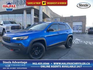 2019 Jeep Cherokee Trailhawk Hydro Blue Pearlcoat Pentastar 3.2L V6 VVT 4WD 9-Speed Automatic**Live Market Value Pricing**, 4 & 7-Pin Wiring Harness, 4G LTE Wi-Fi Hot Spot, 8.4 Touchscreen, A/C w/Dual Zone Automatic Temperature Control, Alloy wheels, Apple CarPlay Capable, Auto-Dimming Rear-View Mirror, Blind-Spot/Rear Cross-Path Detection, Class III Hitch Receiver, Cold Weather Group, Comfort & Convenience Group, Front Heated Seats, Google Android Auto, GPS Antenna Input, GPS Navigation, Hands-Free Comm w/Bluetooth, Heated Steering Wheel, Humidity Sensor, Keyless Enter N Go w/Push-Start, Leather Shift Knob, Park-Sense Rear Park Assist System, Power driver seat, Power Liftgate, Premium Cabin Air Filter, Quick Order Package 27E Trailhawk, Radio: Uconnect 4C Nav w/8.4 Display, Remote keyless entry, Safetytec Group, Security Alarm, SiriusXM Satellite Radio, SiriusXM Traffic, SiriusXM Travel Link, Steering wheel mounted audio controls, Tonneau Cover, Trailer Tow Group, Trailer Tow Wiring Harness, Universal Garage Door Opener, USB Mobile Projection, Windshield Wiper De-Icer.Top reasons for buying from Halifax Chrysler: Live Market Value Pricing, No Pressure Environment, State Of The Art facility, Mopar Certified Technicians, Convenient Location, Best Test Drive Route In City, Full Disclosure.Certification Program Details: 85 Point Inspection, 2 Years Fresh MVI, Brake Inspection, Tire Inspection, Fresh Oil Change, Free Carfax Report, Vehicle Professionally Detailed.Here at Halifax Chrysler, we are committed to providing excellence in customer service and will ensure your purchasing experience is second to none! Visit us at 12 Lakelands Boulevard in Bayers Lake, call us at 902-455-0566 or visit us online at www.halifaxchrysler.com *** We do our best to ensure vehicle specifications are accurate. It is up to the buyer to confirm details.***