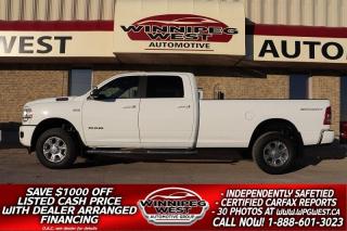 **Cash Price: $53,800. Finance Price: $52,800. (SAVE $1,000 OFF THE LISTED CASH PRICE WITH DEALER ARRANGED FINANCING O.A.C.) Plus PST/GST. NO ADMINISTRATION FEES!! 
 
DONT MISS OUT ON THIS VERY HARD-TO-FIND RAM 3500 BIG HORN SPORT EDITION  4X4 WITH 8FT LONG BOX!! STILL SHOWS AS NEW, EXCEPTIONALLY WELL EQUIPPED & READY TO GO,  2021 RAM 3500 BIG HORN SPORT EDITION CREW CAB 6.4L HEMI V8 WITH MDS AND THE NEW 8-SPEED AUTO TRANSMISSION, 4X4. IT HAS GREAT OPTIONS (LIKE POWER HEATED SEATS AND STEERING WHEEL), GREAT LOOKS AND IT IS READY FOR WORK OR PLAY!!!

- 6.4L HEMI V8 Engine 410 hp/429lb-ft of torque (with fuel saver MDS) 
- 8 Speed automatic 
- Auto 4x4 with 2 stage transfer case 
- Ready Alert Braking
- Hill Start Assist
- Electronic Stability Control
- Traction Control
- Power 6 Passenger seating with large center console 
- Heated Seats and steering wheel
- Power Pedals
- BIG HORN Decor & option Group
- Steering wheel mounted audio controls
- Uconnect 5 with 8.4in display multi Media center
- Google Android Auto/ Apple CarPlay capable
- Bluetooth Handsfree phone and audio
- 4G LTE WiFi hot spot
- Premium audio with AUX & dual USB input
- ParkView Rear BackUp Camera
- ParkSense Front and Rear Park Assist System
- Remote keyless entry
- Factory Keyless-Go push button start
- Factory remote Start
- Fold Flat rear Floor with storage bins and in-floor storage bins
- Factory HD Tow package 
- Trailer brake controller 
- Folding & heated towing mirrors  
- Electronic Roll Mitigation
- Trailer Sway Control
- Locking tailgate
- Front heavyduty shock absorbers
- Rear heavyduty shock absorbers
- Sport Appearance Package (Painted to match bumpers, grill, handles and more)
- Transfer Case Skid Plate Shield
- Tow hooks / Fog lights
- Factory Spray-In Box Liner
- Sport Aluminum Alloy wheels with near new Open Country A/T tires
- Read below for more information. 

VERY RARE FIND - EXCEPTIONALLY SHARP & CLEAN WESTERN CANADIAN TRUCK, VERY WELL-EQUIPPED NEW GENERATION CUSTOM 2021 RAM 3500 BIG HORN SPORT EDITION CREW CAB 6.4L HEMI V8 with MDS Fuelsaver, the all new 8-Speed HD Transmission, 4x4 and 8 ft Long Box with LOTS of options and extras. Shows near new and is extra sharp in all respects with well cared for kilometers. The 6.4L Hemi V8 produces 410 Horsepower/429 Pound-Feet of torque matched to the new HD 8-speed automatic transmission and auto 4X4 with 2 stage transfer case. Loaded with features and options including the Big Horn Decor & Luxury Group along with Heated power 6 Passenger seating with large folding center console, Heated steering wheel, touchscreen Multimedia center, AUX & dual USB input, Hands-free communication with Bluetooth phone and audio streaming, 3.5 inch Multi Functioning gauge cluster, steering wheel mounted audio controls, push button start, Factory remote start, Factory HD Tow Package, Factory Trailer Brake Controller, Folding and heated Flip-out tow mirrors, Sport appearance package, Tow hooks, Spray-in Box liner, Sport Aluminum Alloy wheels and so much more!

Comes with a fresh Manitoba Safety Certification, A Clean, No Accident Western Canadian CarFax history report, the remaining Chrysler Canada factory warranty and we have many unlimited KM warranty options available to choose from. ON SALE NOW (HUGE VALUE!!!) Zero down financing available OAC. Please see dealer for details. Trades accepted. View at Winnipeg West Automotive Group, 5195 Portage Ave. Dealer permit # 4365, Call now 1 (888) 601-3023
