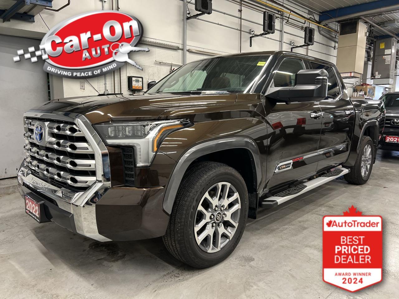 ONLY 28,000 KMS!! LOADED CREWMAX PLATINUM HYBRID 1794 EDITION!! Panoramic sunroof, brown leather, heated/cooled front & rear seats, massive 14-inch touchscreen, 360 camera w/ front & rear park sensors, blind spot monitor, rear cross-traffic alert, lane-trace assist, pre-collision system, adaptive cruise control, heads-up display, JBL audio, running boards, 20-inch alloys, digital display rearview mirror, wireless charger, tow package w/ integrated trailer brake controller, Apple CarPlay/Android Auto, power extending trailer mirrors, power seats & steering column w/ driver memory, rear sunshades, auto headlights w/ auto highbeams, bed lights, 5-foot 6-inch box w/ bedliner, 120V AC outlet, dual-zone climate control, keyless entry w/ push start, auto dimming rearview mirror, garage door opener and Sirius XM!