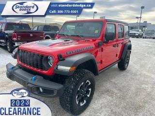 <b>Black 3-Piece Hard Top, Technology Group!</b><br> <br> <br> <br>  This Jeep Wrangler 4xe is the culmination of tireless innovation and extensive testing to built the ultimate off-road SUV. <br> <br>No matter where your next adventure takes you, this Jeep Wrangler 4xe is ready for the challenge. With advanced traction and plug-in hybrid technology, sophisticated safety features and ample ground clearance, the Wrangler 4xe is designed to climb up and crawl over the toughest terrain. Inside the cabin of this advanced Wrangler 4xe offers supportive seats and comes loaded with the technology you expect while staying loyal to the style and design youve come to know and love.<br> <br> This firecracker red SUV  has a 8 speed automatic transmission and is powered by a  375HP 2.0L 4 Cylinder Engine.<br> <br> Our Wrangler 4xes trim level is Rubicon. Stepping up to this Wrangler Rubicon rewards you with incredible off-roading capability, thanks to heavy duty suspension, class II towing equipment that includes a hitch and trailer sway control, front active and rear anti-roll bars, upfitter switches, locking front and rear differentials, and skid plates for undercarriage protection. Interior features include an 8-speaker Alpine audio system, voice-activated dual zone climate control, front and rear cupholders, and a 12.3-inch infotainment system with smartphone integration and mobile internet hotspot access. Additional features include cruise control, a leatherette-wrapped steering wheel, proximity keyless entry, and even more. This vehicle has been upgraded with the following features: Black 3-piece Hard Top, Technology Group. <br><br> View the original window sticker for this vehicle with this url <b><a href=http://www.chrysler.com/hostd/windowsticker/getWindowStickerPdf.do?vin=1C4RJXR65RW193616 target=_blank>http://www.chrysler.com/hostd/windowsticker/getWindowStickerPdf.do?vin=1C4RJXR65RW193616</a></b>.<br> <br>To apply right now for financing use this link : <a href=https://standarddodge.ca/financing target=_blank>https://standarddodge.ca/financing</a><br><br> <br/><br>* Visit Us Today *Youve earned this - stop by Standard Chrysler Dodge Jeep Ram located at 208 Cheadle St W., Swift Current, SK S9H0B5 to make this car yours today! <br> Pricing may not reflect additional accessories that have been added to the advertised vehicle<br><br> Come by and check out our fleet of 40+ used cars and trucks and 130+ new cars and trucks for sale in Swift Current.  o~o