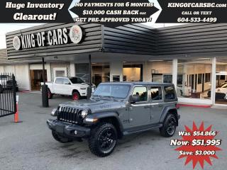 2022 JEEP WRANGLER UNLIMITED WILLYS EDITION 4X4LED LIGHT PACKAGE, NAVIGATION, BACK UP CAMERA, HEATED SEATS, HEATED STEERING WHEEL, ALPINE SPEAKER SYSTEM, REMOTE STARTER, KEYLESS GO, PUSH BUTTON START, APPLE CARPLAY, ANDROID AUTO, AUTO STOP & GO, GLOSS BLACK GRILL, WILLYS DECALS & BADGES, 17 BLACK ALUMINUM WHEELS WITH ALL-TERRAIN TIRESBALANCE OF JEEP FACTORY WARRANTYCALL US TODAY FOR MORE INFORMATION604 533 4499 OR TEXT US AT 604 360 0123GO TO KINGOFCARSBC.COM AND APPLY FOR A FREE-------- PRE APPROVAL -------STOCK # P214891PLUS ADMINISTRATION FEE OF $895 AND TAXESDEALER # 31301all finance options are subject to ....oac...