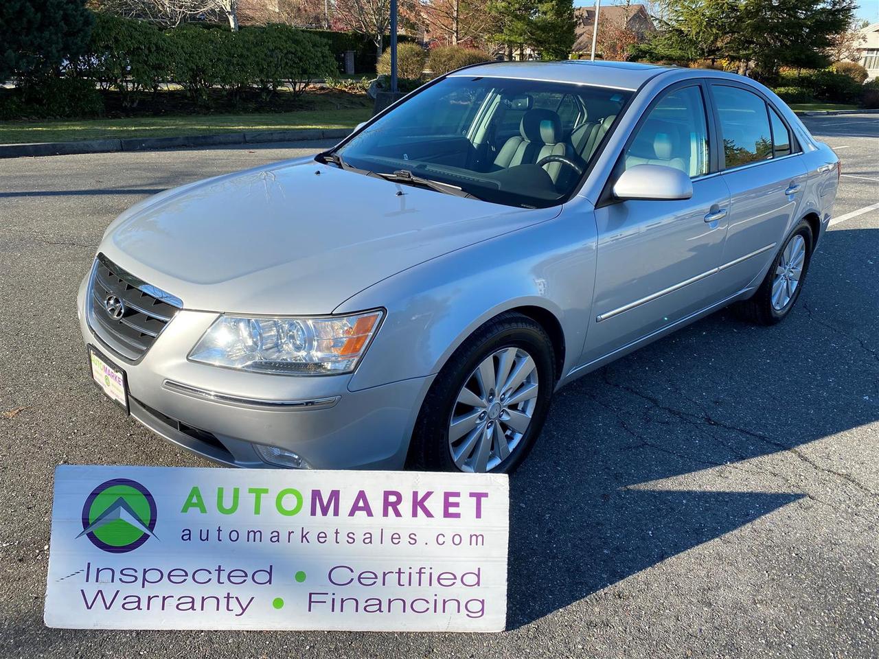 LOCAL CAR WITH NO ACCIDENTS DECLARATIONS. LOADED LIMITED H/LEATHER, SUNROOF, +++. FREE WARRANTY, FINANCING, INSPECTED WITH BCAA MEMBERSHIP!<br /><br />Welcome to the Automarket, your community Dealership of "YES". We are featuring a very beautiful and financeable Sonata Limited with Every Option available. Automatic Transmission, Power Glass Sunroof, Heated Leather Seats, Bluetooth Telephone and every power feature available.&nbsp;<br /><br />This is a Local Car with No Accident Declarations over $2000. Having been fully inspected, we know that the Brakes in front are 60% New and the Rear Brakes are 100% New in the Rear. The Tires are 70% New all around and we have performed a complete oil change and a full detail for your safety and enjoyment.<br /><br />This is the perfect family car with it's size and luxury as well as it's condition both inside and out not to mention the fantastic financing we have avaialble for you.<br /><br />2 LOCATIONS TO SERVE YOU, BE SURE TO CALL FIRST TO CONFIRM WHERE THE VEHICLE IS PARKED<br />WHITE ROCK 604-542-4970 LANGLEY 604-533-1310 OWNER'S CELL 604-649-0565<br /><br />We are a family owned and operated business since 1983 and we are committed to offering outstanding vehicles backed by exceptional customer service, now and in the future.<br />What ever your specific needs may be, we will custom tailor your purchase exactly how you want or need it to be. All you have to do is give us a call and we will happily walk you through all the steps with no stress and no pressure.<br />WE ARE THE HOUSE OF YES?<br />ADDITIONAL BENFITS WHEN BUYING FROM SK AUTOMARKET:<br />ON SITE FINANCING THROUGH OUR 17 AFFILIATED BANKS AND VEHICLE FINANCE COMPANIES<br />IN HOUSE LEASE TO OWN PROGRAM.<br />EVRY VEHICLE HAS UNDERGONE A 120 POINT COMPREHENSIVE INSPECTION<br />EVERY PURCHASE INCLUDES A FREE POWERTRAIN WARRANTY<br />EVERY VEHICLE INCLUDES A CARFAX AND ICBC DAMAGE REPORT<br />EVERY VEHICLE IS GUARANTEED LIEN FREE<br />DISCOUNTED RATES ON PARTS AND SERVICE FOR YOUR NEW CAR AND ANY OTHER FAMILY CARS THAT NEED WORK NOW AND IN THE FUTURE.<br />36 YEARS IN THE VEHICLE SALES INDUSTRY<br />A+++ MEMBER OF THE BETTER BUSINESS BUREAU<br />RATED TOP DEALER BY CARGURUS 2 YEARS IN A ROW<br />MEMBER IN GOOD STANDING WITH THE VEHICLE SALES AUTHORITY OF BRITISH COLUMBIA<br />MEMBER OF THE AUTOMOTIVE RETAILERS ASSOCIATION<br />COMMITTED CONTRIBUTER TO OUR LOCAL COMMUNITY AND THE RESIDENTS OF BC This vehicle has been Fully Inspected, Certified and Qualifies for Our Free Extended Warranty.Don't forget to ask about our Great Finance and Lease Rates. We also have a Options for Buy Here Pay Here and Lease to Own for Good Customers in Bad Situations. 2 locations to help you, White Rock and Langley. Be sure to call before you come to confirm the vehicles location and availability or look us up at www.automarketsales.com. White Rock 604-542-4970 and Langley 604-533-1310. Serving Surrey, Delta, Langley, Richmond, Vancouver, all of BC and western Canada. Financing & leasing available. CALL SK AUTOMARKET LTD. 6045424970. Call us toll-free at 1 877 813-6807. $999 Documentation fee (negotiable) and applicable taxes are in addition to advertised prices. LANGLEY LOCATION DEALER# 40038 S. SURREY LOCATION DEALER #9987