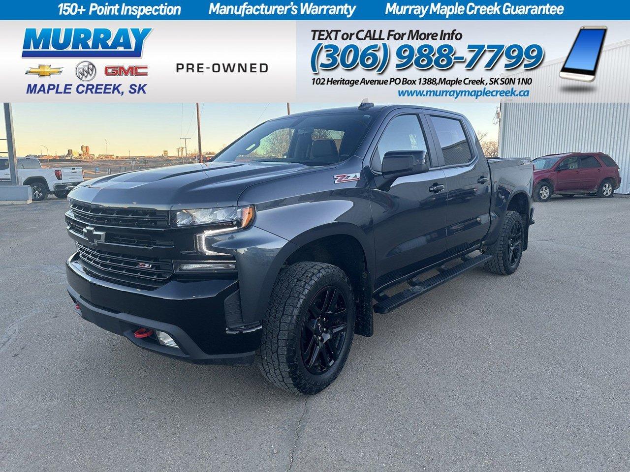 Taking your adventures further, our rugged 2022 Chevrolet Silverado 1500 LTD LT Trail Boss Crew Cab 4X4 in Shadow Gray Metallic is ready for the rough stuff! Powered by a 6.2 Litre V8 providing 420hp matched to a 10 Speed Automatic transmission for plenty of muscle. This Four Wheel Drive truck also rides high with a two-inch lift kit, Z71 off-road suspension, hill descent control, and automatic locking rear differential, and it scores approximately 13.1L/100km on the highway. Our Silverado sets you up in style, too, with a black Bowtie emblem on the grille, plus LED lighting, fog lamps, red recovery hooks, gloss-black alloy wheels, skid plates, and dual exhaust outlets. You can then explore your world with ease from the comfort of our LT Trail Boss cabin. It has a smart layout with impressive cloth seats, 10-way power for the driver, a leather-wrapped steering wheel, dual-zone automatic climate control, keyless access/ignition, and remote start. Connecting is simple with an 8-inch touchscreen, Android Auto/Apple CarPlay, Bluetooth, WiFi compatibility, and six-speaker audio. This is a superior interior youll love! Chevrolet safeguards your travels with intelligent features such as a backup camera, Stabilitrak stability/traction control, ABS, tire-pressure monitoring, Teen Driver, and dual-stage frontal airbags. All that and more makes our Silverado 1500 LTD LT Trail Boss a powerful choice for people just like you! Save this Page and Call for Availability. We Know You Will Enjoy Your Test Drive Towards Ownership!