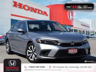 <p><strong>HONDA CERTIFIED USED VEHICLE! GREAT CIVIC! ONE PREVIOUS OWNER! NO REPORTED ACCIDENTS! </strong>2022 Honda Civic LX featuring CVT transmission, five passenger seating, remote engine starter, rearview camera with dynamic guidelines, Apple CarPlay and Android Auto connectivity, Siri® Eyes Free compatibility, ECON mode, Bluetooth, AM/FM audio system with two USB inputs, steering wheel mounted controls, cruise control, air conditioning, dual climate zones, heated front seats, 12V power outlet, proximity key entry, power mirrors, power locks, power windows, 60/40 split fold-down rear seatback, Anchors and Tethers for Children (LATCH), The Honda Sensing Technologies - Adaptive Cruise Control, Forward Collision Warning system, Collision Mitigation Braking system, Lane Departure Warning system, Lane Keeping Assist system and Road Departure Mitigation system, remote keyless entry with trunk release, electronic stability control and anti-lock braking system. Contact Cambridge Centre Honda for special discounted finance rates, as low as 8.99%, on approved credit from Honda Financial Services.</p>

<p><span style=color:#ff0000><strong>FREE $25 GAS CARD WITH TEST DRIVE!</strong></span></p>

<p>Our philosophy is simple. We believe that buying and owning a car should be easy, enjoyable and transparent. Welcome to the Cambridge Centre Honda Family! Cambridge Centre Honda proudly serves customers from Cambridge, Kitchener, Waterloo, Brantford, Hamilton, Waterford, Brant, Woodstock, Paris, Branchton, Preston, Hespeler, Galt, Puslinch, Morriston, Roseville, Plattsville, New Hamburg, Baden, Tavistock, Stratford, Wellesley, St. Clements, St. Jacobs, Elmira, Breslau, Guelph, Fergus, Elora, Rockwood, Halton Hills, Georgetown, Milton and all across Ontario!</p>