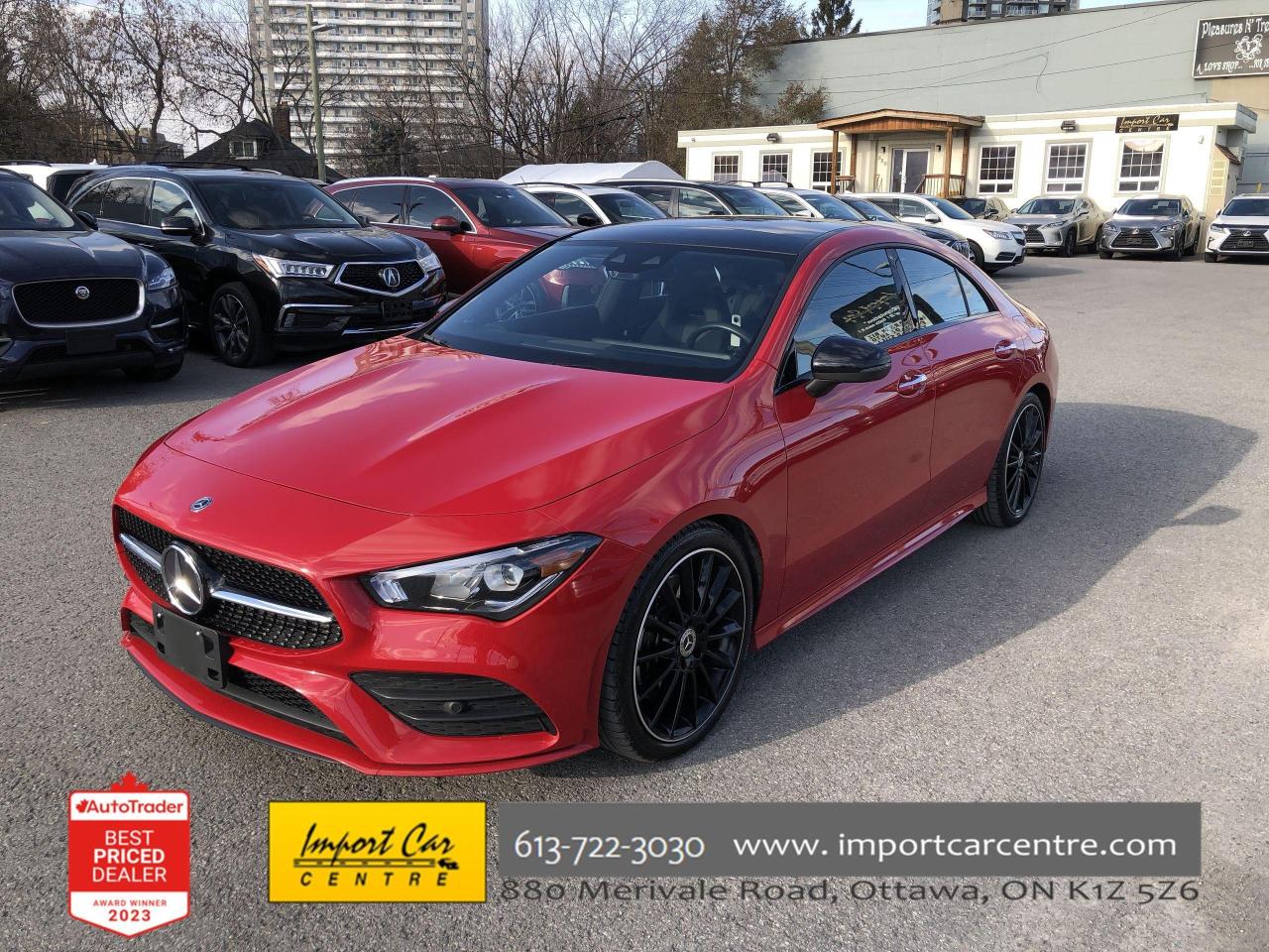 *** 2023 AUTOTRADER BEST PRICED DEALER AWARD 2023 * CARGURUS TOP RATED DEALER 2023 * NO ACCIDENTS * SMETANA APPROVED ***  Simply put, this Mercedes CLA 250 4Motion is not your grandfathers Mercedes!!  Finished in gorgeous in Juniper Red with black leatherette and microfiber seating surfaces, 221 horses with 258 foot pounds of torque, navigation, smartphone integration package, incredible 4Motion all wheel drive handling, Apple Car Play, Android Auto, speed sensitive power steering, backup camera, blind spot monitoring, power seats with seat memory, collision warning system with forward collision stop active brake application, exit warning assistant, memory package, rain sensor, live traffic capability, panoramic sunroof, power folding mirrors, road sign detection system, SiriusXM radio, climate control system, LED headlamp system, AMG styling, Burmester sound system, heated seats, sensor for trunk lid opening, heated windscreen washer system, ambient lighting, Keyless go, Keyless go package, Night package 19 AMG alloy wheels, Seat Comfort package, only 60,000kms all compliment this stunning 2020 Mercedes CLA 250 4Matic.  Perfection and beyond!!  Home of the Platinum up to 240,000kms warranty and financing is always available O.A.C Import Car Centre, proudly serving the Ottawa and surrounding area for over 42 years. Come down and experience Import Car Centre for yourself and see just why our customers are so happy! 

 #importcarcentre #smetanaapproved #iccs