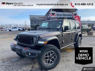 <b>Heavy Duty Suspension,  Climate Control,  Wi-Fi Hotspot,  Tow Equipment,  Fog Lamps!</b><br> <br> <br> <br>Call 613-489-1212 to speak to our friendly sales staff today, or come by the dealership!<br> <br>  This Jeep Wrangler is the culmination of tireless innovation and extensive testing to build the ultimate off-road SUV! <br> <br>No matter where your next adventure takes you, this Jeep Wrangler is ready for the challenge. With advanced traction and handling capability, sophisticated safety features and ample ground clearance, the Wrangler is designed to climb up and crawl over the toughest terrain. Inside the cabin of this Wrangler offers supportive seats and comes loaded with the technology you expect while staying loyal to the style and design youve come to know and love.<br> <br> This granite SUV  has an automatic transmission and is powered by a  285HP 3.6L V6 Cylinder Engine.<br> <br> Our Wranglers trim level is Rubicon. Stepping up to this Wrangler Rubicon rewards you with incredible off-roading capability, thanks to heavy duty suspension, class II towing equipment that includes a hitch and trailer sway control, front active and rear anti-roll bars, upfitter switches, locking front and rear differentials, and skid plates for undercarriage protection. Interior features include an 8-speaker Alpine audio system, voice-activated dual zone climate control, front and rear cupholders, and a 12.3-inch infotainment system with smartphone integration and mobile internet hotspot access. Additional features include cruise control, a leatherette-wrapped steering wheel, proximity keyless entry, and even more. This vehicle has been upgraded with the following features: Heavy Duty Suspension,  Climate Control,  Wi-fi Hotspot,  Tow Equipment,  Fog Lamps,  Cruise Control,  Rear Camera.  This is a demonstrator vehicle driven by a member of our staff and has just 2236 kms.<br><br> View the original window sticker for this vehicle with this url <b><a href=http://www.chrysler.com/hostd/windowsticker/getWindowStickerPdf.do?vin=1C4PJXFG6RW181060 target=_blank>http://www.chrysler.com/hostd/windowsticker/getWindowStickerPdf.do?vin=1C4PJXFG6RW181060</a></b>.<br> <br>To apply right now for financing use this link : <a href=https://CreditOnline.dealertrack.ca/Web/Default.aspx?Token=3206df1a-492e-4453-9f18-918b5245c510&Lang=en target=_blank>https://CreditOnline.dealertrack.ca/Web/Default.aspx?Token=3206df1a-492e-4453-9f18-918b5245c510&Lang=en</a><br><br> <br/> Weve discounted this vehicle $2536.    5.99% financing for 96 months. <br> Buy this vehicle now for the lowest weekly payment of <b>$233.67</b> with $0 down for 96 months @ 5.99% APR O.A.C. ( Plus applicable taxes -  $1199  fees included in price    ).  Incentives expire 2024-04-30.  See dealer for details. <br> <br>If youre looking for a Dodge, Ram, Jeep, and Chrysler dealership in Ottawa that always goes above and beyond for you, visit Myers Manotick Dodge today! Were more than just great cars. We provide the kind of world-class Dodge service experience near Kanata that will make you a Myers customer for life. And with fabulous perks like extended service hours, our 30-day tire price guarantee, the Myers No Charge Engine/Transmission for Life program, and complimentary shuttle service, its no wonder were a top choice for drivers everywhere. Get more with Myers!<br> Come by and check out our fleet of 50+ used cars and trucks and 120+ new cars and trucks for sale in Manotick.  o~o
