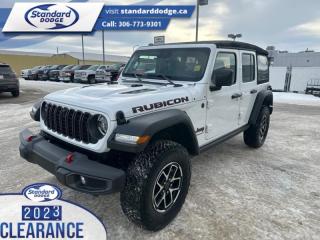 <b>Technology Group!</b><br> <br> <br> <br>  With decades of experience, and all the modern technology they could need, this Jeep Wrangler is ready to rock your world. <br> <br>No matter where your next adventure takes you, this Jeep Wrangler is ready for the challenge. With advanced traction and handling capability, sophisticated safety features and ample ground clearance, the Wrangler is designed to climb up and crawl over the toughest terrain. Inside the cabin of this Wrangler offers supportive seats and comes loaded with the technology you expect while staying loyal to the style and design youve come to know and love.<br> <br> This bright white SUV  has a 8 speed automatic transmission and is powered by a  285HP 3.6L V6 Cylinder Engine.<br> <br> Our Wranglers trim level is Rubicon. Stepping up to this Wrangler Rubicon rewards you with incredible off-roading capability, thanks to heavy duty suspension, class II towing equipment that includes a hitch and trailer sway control, front active and rear anti-roll bars, upfitter switches, locking front and rear differentials, and skid plates for undercarriage protection. Interior features include an 8-speaker Alpine audio system, voice-activated dual zone climate control, front and rear cupholders, and a 12.3-inch infotainment system with smartphone integration and mobile internet hotspot access. Additional features include cruise control, a leatherette-wrapped steering wheel, proximity keyless entry, and even more. This vehicle has been upgraded with the following features: Technology Group. <br><br> View the original window sticker for this vehicle with this url <b><a href=http://www.chrysler.com/hostd/windowsticker/getWindowStickerPdf.do?vin=1C4PJXFGXRW181238 target=_blank>http://www.chrysler.com/hostd/windowsticker/getWindowStickerPdf.do?vin=1C4PJXFGXRW181238</a></b>.<br> <br>To apply right now for financing use this link : <a href=https://standarddodge.ca/financing target=_blank>https://standarddodge.ca/financing</a><br><br> <br/><br>* Visit Us Today *Youve earned this - stop by Standard Chrysler Dodge Jeep Ram located at 208 Cheadle St W., Swift Current, SK S9H0B5 to make this car yours today! <br> Pricing may not reflect additional accessories that have been added to the advertised vehicle<br><br> Come by and check out our fleet of 30+ used cars and trucks and 120+ new cars and trucks for sale in Swift Current.  o~o