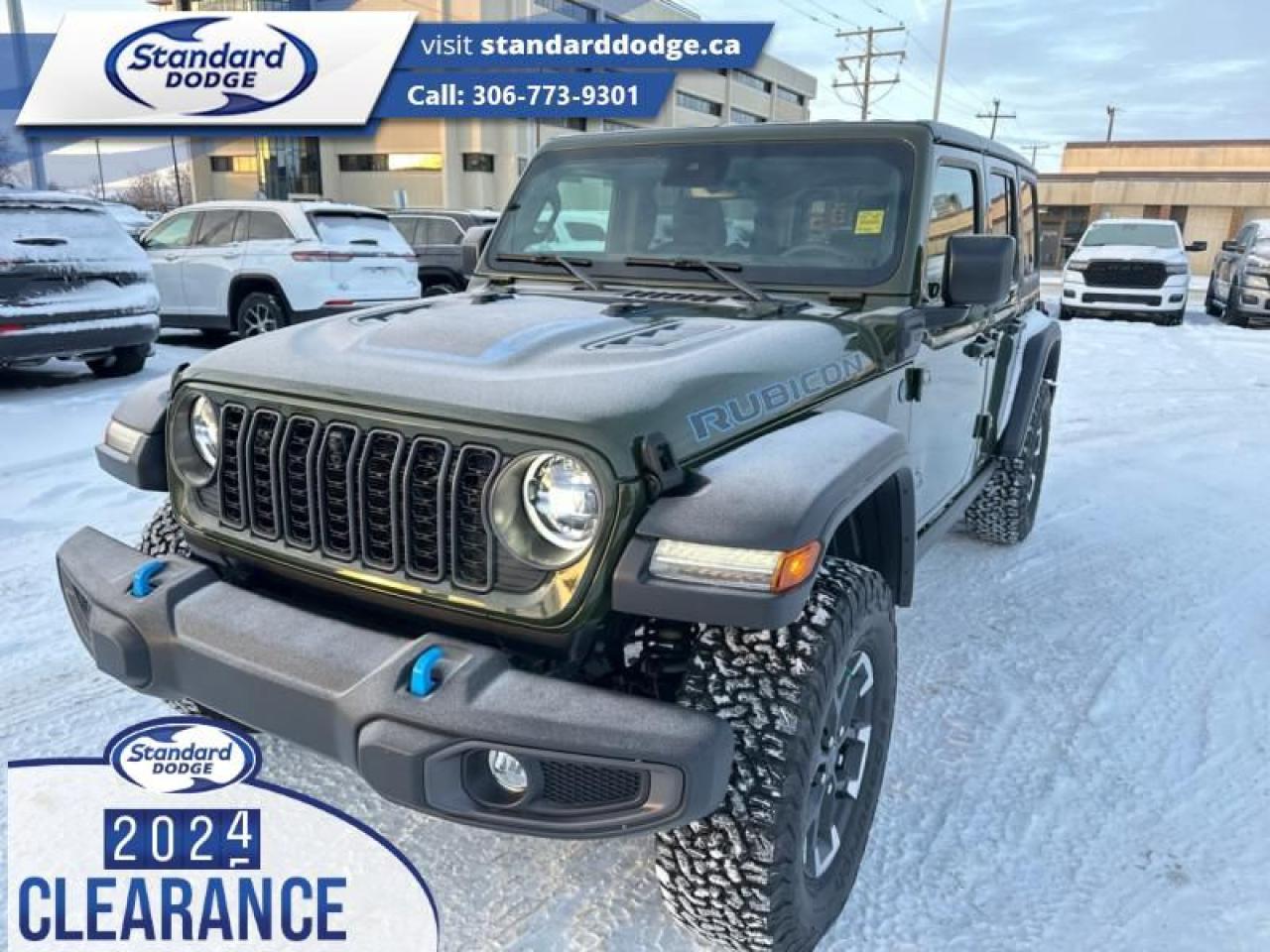 <b>Black 3-Piece Hard Top, Technology Group!</b><br> <br> <br> <br>  Whether youre concurring a highway mountain pass or challenging off-road trail, this plug-in electric hybrid Jeep Wrangler 4xe is ready to get you there. <br> <br>No matter where your next adventure takes you, this Jeep Wrangler 4xe is ready for the challenge. With advanced traction and plug-in hybrid technology, sophisticated safety features and ample ground clearance, the Wrangler 4xe is designed to climb up and crawl over the toughest terrain. Inside the cabin of this advanced Wrangler 4xe offers supportive seats and comes loaded with the technology you expect while staying loyal to the style and design youve come to know and love.<br> <br> This sarge green SUV  has a 8 speed automatic transmission and is powered by a  375HP 2.0L 4 Cylinder Engine.<br> <br> Our Wrangler 4xes trim level is Rubicon. Stepping up to this Wrangler Rubicon rewards you with incredible off-roading capability, thanks to heavy duty suspension, class II towing equipment that includes a hitch and trailer sway control, front active and rear anti-roll bars, upfitter switches, locking front and rear differentials, and skid plates for undercarriage protection. Interior features include an 8-speaker Alpine audio system, voice-activated dual zone climate control, front and rear cupholders, and a 12.3-inch infotainment system with smartphone integration and mobile internet hotspot access. Additional features include cruise control, a leatherette-wrapped steering wheel, proximity keyless entry, and even more. This vehicle has been upgraded with the following features: Black 3-piece Hard Top, Technology Group. <br><br> View the original window sticker for this vehicle with this url <b><a href=http://www.chrysler.com/hostd/windowsticker/getWindowStickerPdf.do?vin=1C4RJXR67RW193617 target=_blank>http://www.chrysler.com/hostd/windowsticker/getWindowStickerPdf.do?vin=1C4RJXR67RW193617</a></b>.<br> <br>To apply right now for financing use this link : <a href=https://standarddodge.ca/financing target=_blank>https://standarddodge.ca/financing</a><br><br> <br/><br>* Visit Us Today *Youve earned this - stop by Standard Chrysler Dodge Jeep Ram located at 208 Cheadle St W., Swift Current, SK S9H0B5 to make this car yours today! <br> Pricing may not reflect additional accessories that have been added to the advertised vehicle<br> o~o