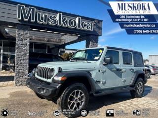 This JEEP WRANGLER SPORT S, with a 2.0L I-4 intercooled turbo engine engine, features a 8-speed automatic transmission, and generates 22 highway/16 city L/100km. Find this vehicle with only 16 kilometers!  JEEP WRANGLER SPORT S Options: This JEEP WRANGLER SPORT S offers a multitude of options. Technology options include: 1 LCD Monitor In The Front, AM/FM/Satellite-Prep w/Seek-Scan, Clock, Speed Compensated Volume Control, Aux Audio Input Jack, Steering Wheel Controls, Voice Activation, Radio Data System and Uconnect External Memory Control, Radio: Uconnect 5 w/12.3 Display, 1 LCD Monitor In The Front, MP3 Player.  Safety options include Variable Intermittent Wipers, 1 LCD Monitor In The Front, Airbag Occupancy Sensor, Curtain 1st And 2nd Row Airbags, Dual Stage Driver And Passenger Front Airbags.  Visit Us: Find this JEEP WRANGLER SPORT S at Muskoka Chrysler today. We are conveniently located at 380 Ecclestone Dr Bracebridge ON P1L1R1. Muskoka Chrysler has been serving our local community for over 40 years. We take pride in giving back to the community while providing the best customer service. We appreciate each and opportunity we have to serve you, not as a customer but as a friend