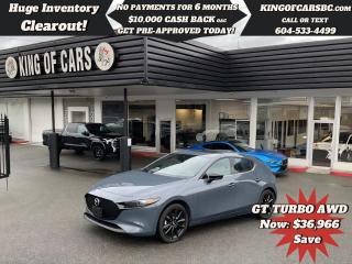 2023 MAZDA 3 SPORT GT TURBO (STOCK# P214910)HEADS UP DISPLAY, SUNROOF, NAVIGATION, 360 DEGREE CAMERA, POWER LEATHER SEATS, HEATED SEATS, HEATED STEERING WHEEL, MEMORY SEATS, ADAPTIVE CRUISE CONTROL, EMERGENCY COLLISION BRAKING, LANE ASSIST, BLIND SPOT DETECTION, REAR CROSS TRAFFIC ALERT, PARKING SENSORS, BOSE SOUND SYSTEM, PADDLE SHIFTERS, PUSH BUTTON START, KEYLESS GO, APPLE CARPLAY, ANDROID AUTO, LED HEADLIGHTSBALANCE OF MAZDA FACTORY WARRANTYCALL US TODAY FOR MORE INFORMATION604 533 4499 OR TEXT US AT 604 360 0123GO TO KINGOFCARSBC.COM AND APPLY FOR A FREE-------- PRE APPROVAL -------STOCK # P214910PLUS ADMINISTRATION FEE OF $895 AND TAXESDEALER # 31301all finance options are subject to ....oac...