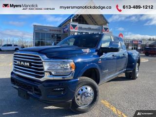 <b>Air, Tilt, Cruise, Power Windows!</b><br> <br> <br> <br>Call 613-489-1212 to speak to our friendly sales staff today, or come by the dealership!<br> <br>  This ultra capable Heavy Duty Ram 3500 HD is a muscular workhorse ready for any job you put in front of it. <br> <br>Endlessly capable, this 2024 Ram 3500HD pulls out all the stops, and has the towing capacity that sets it apart from the competition. On top of its proven Ram toughness, this Ram 3500HD has an ultra-quiet cabin full of amazing tech features that help make your workday more enjoyable. Whether youre in the commercial sector or looking for serious recreational towing rig, this impressive 3500HD is ready for anything that you are.<br> <br> This patriot blu prl sought after diesel Mega Cab 4X4 pickup   has an automatic transmission and is powered by a Cummins 370HP 6.7L Straight 6 Cylinder Engine.<br> <br> Our 3500s trim level is Longhorn. Stepping up to this Ram 3500 Longhorn rewards you with ventilated and heated and power-adjustable front seats with lumbar support, heated second row seats, power extendable trailer style side mirrors and side steps, and is also well equipped with class V towing equipment including a hitch, brake controller and trailer sway control, heavy duty suspension, front and reverse utility lights, cargo box lighting, and a rear step bumper. On the inside, occupants are treated to leather upholstery, dual-zone front automatic air conditioning, a genuine wood/leather-wrapped steering wheel, and illuminated front cupholders. Stay connected on the road via an 8.4-inch display powered by Uconnect 5 with GPS navigation, HD radio, Apple CarPlay and Android Auto, Alexa Built-In, SiriusXM streaming radio, trailer tow pages, off-road info pages, and mobile hotspot internet access. Additional features include a 10-speaker Alpine audio system, 115-volt rear auxiliary power outlet, remote engine start, and even more! This vehicle has been upgraded with the following features: Air, Tilt, Cruise, Power Windows, Power Locks, Power Mirrors, Back Up Camera. <br><br> View the original window sticker for this vehicle with this url <b><a href=http://www.chrysler.com/hostd/windowsticker/getWindowStickerPdf.do?vin=3C63RRNLXRG184700 target=_blank>http://www.chrysler.com/hostd/windowsticker/getWindowStickerPdf.do?vin=3C63RRNLXRG184700</a></b>.<br> <br>To apply right now for financing use this link : <a href=https://CreditOnline.dealertrack.ca/Web/Default.aspx?Token=3206df1a-492e-4453-9f18-918b5245c510&Lang=en target=_blank>https://CreditOnline.dealertrack.ca/Web/Default.aspx?Token=3206df1a-492e-4453-9f18-918b5245c510&Lang=en</a><br><br> <br/> Weve discounted this vehicle $2300. Total  cash rebate of $9450 is reflected in the price. Credit includes $9,450 Consumer Cash Discount.  6.49% financing for 96 months. <br> Buy this vehicle now for the lowest weekly payment of <b>$335.23</b> with $0 down for 96 months @ 6.49% APR O.A.C. ( Plus applicable taxes -  $1199  fees included in price    ).  Incentives expire 2024-04-30.  See dealer for details. <br> <br>If youre looking for a Dodge, Ram, Jeep, and Chrysler dealership in Ottawa that always goes above and beyond for you, visit Myers Manotick Dodge today! Were more than just great cars. We provide the kind of world-class Dodge service experience near Kanata that will make you a Myers customer for life. And with fabulous perks like extended service hours, our 30-day tire price guarantee, the Myers No Charge Engine/Transmission for Life program, and complimentary shuttle service, its no wonder were a top choice for drivers everywhere. Get more with Myers!<br> Come by and check out our fleet of 50+ used cars and trucks and 120+ new cars and trucks for sale in Manotick.  o~o